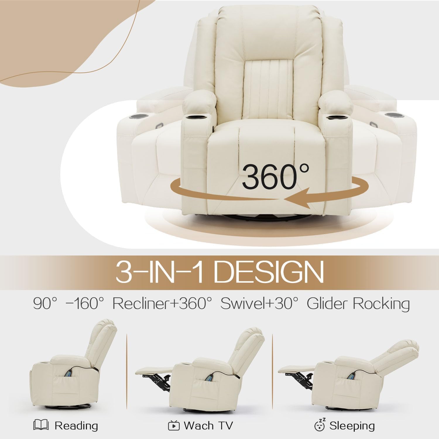 AECOJOY Massage Recliner Manual Chair with Heating & 360° Swivel Rocking Function, Two Cup Holders and Side Pockets, White
