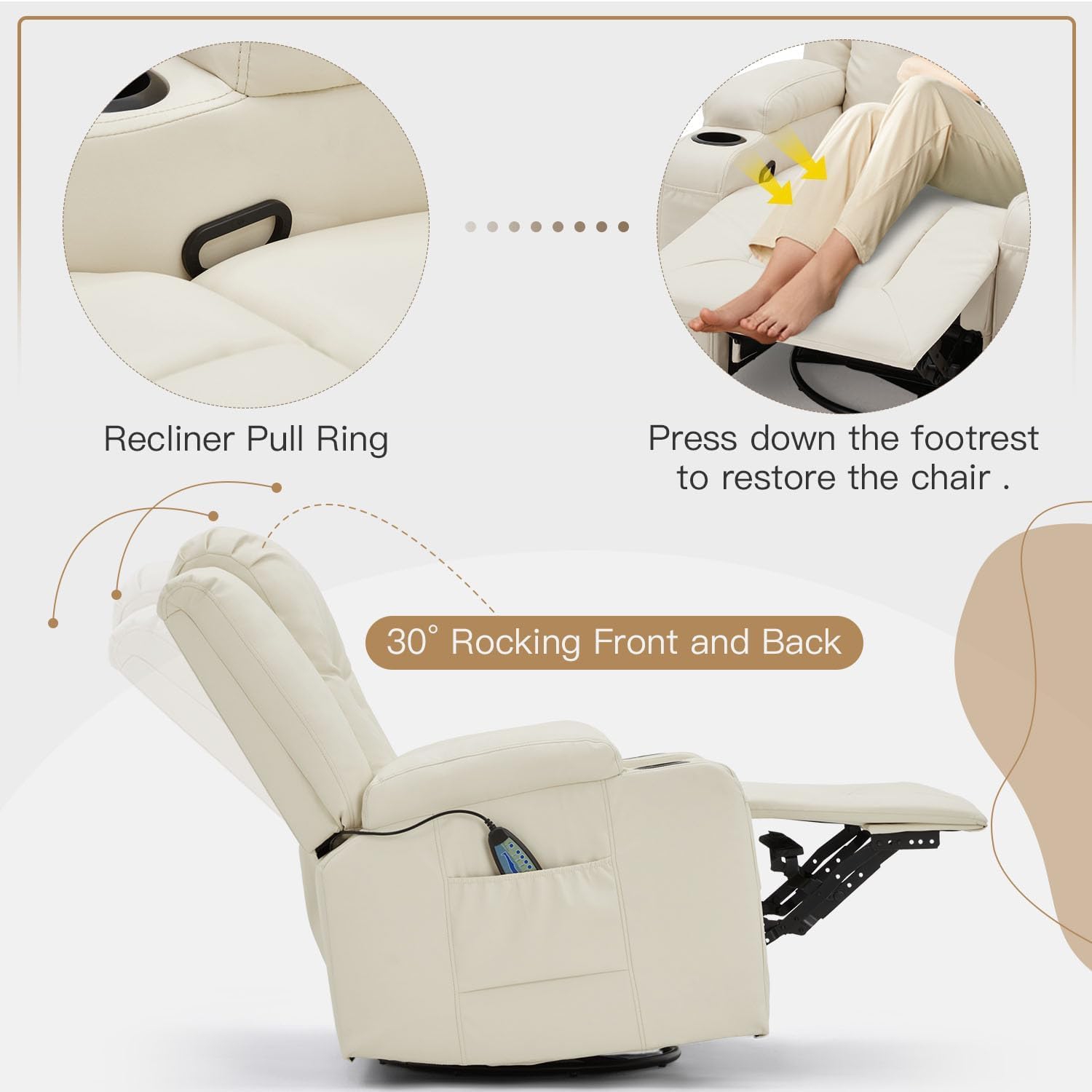 AECOJOY Massage Recliner Manual Chair with Heating & 360° Swivel Rocking Function, Two Cup Holders and Side Pockets, White