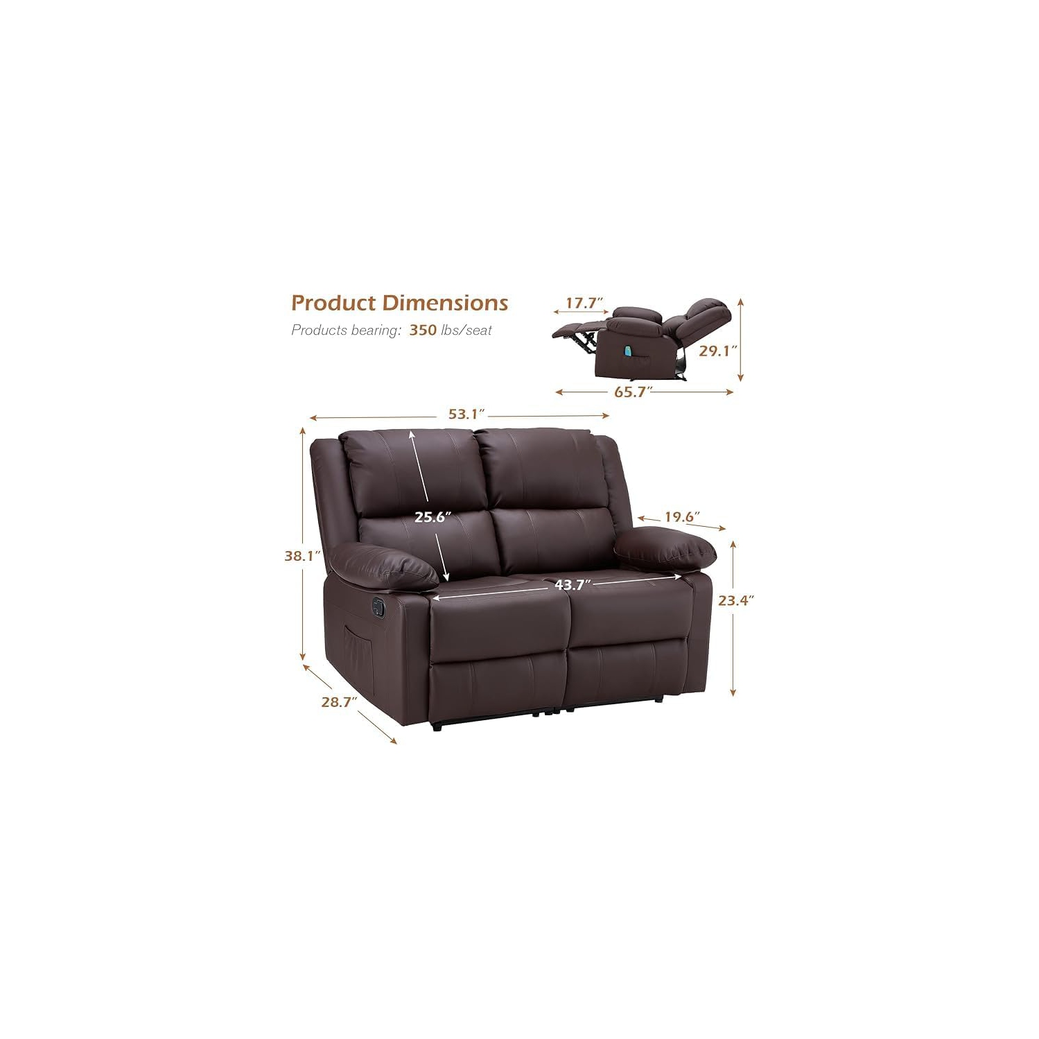 Causeuse inclinable AECOJOY avec fonction massage et chaleur, causeuse inclinable moderne 2 places avec pochettes latérales, brun