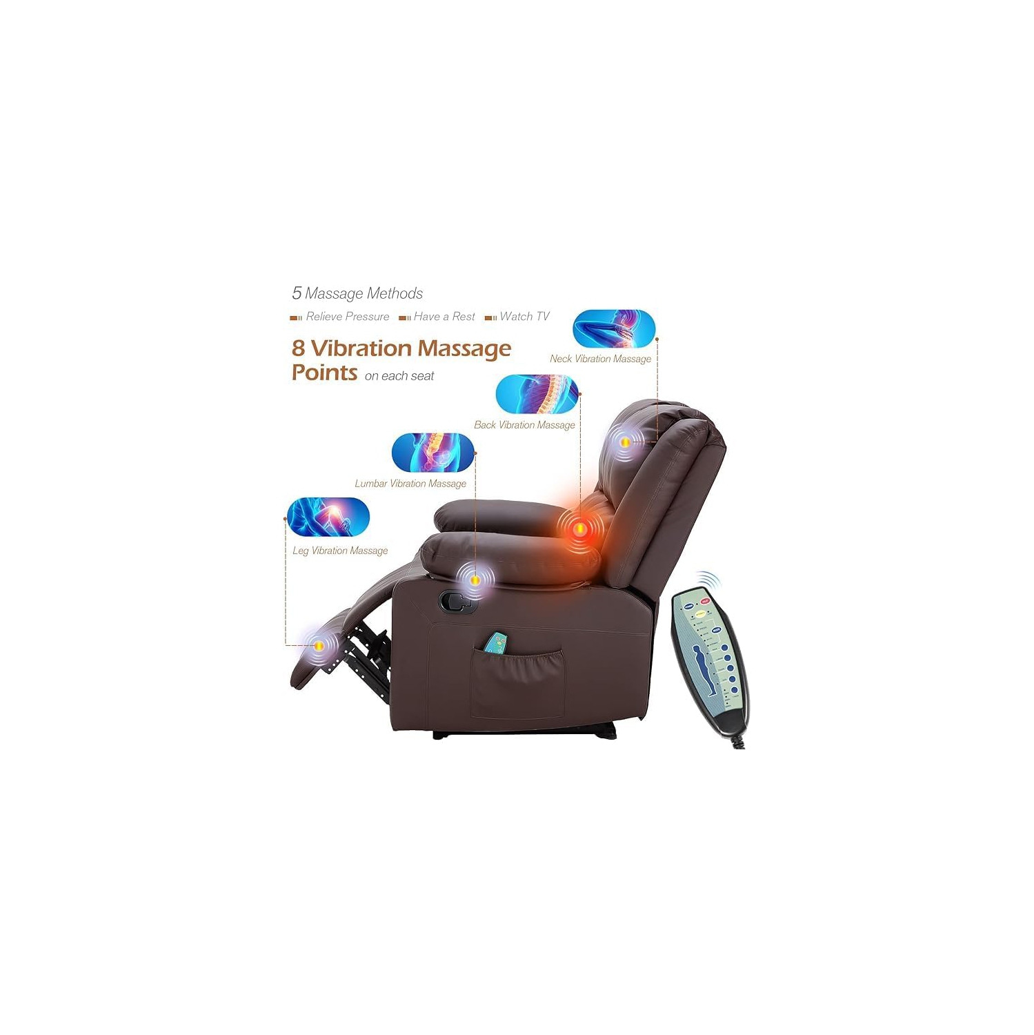 Causeuse inclinable AECOJOY avec fonction massage et chaleur, causeuse inclinable moderne 2 places avec pochettes latérales, brun