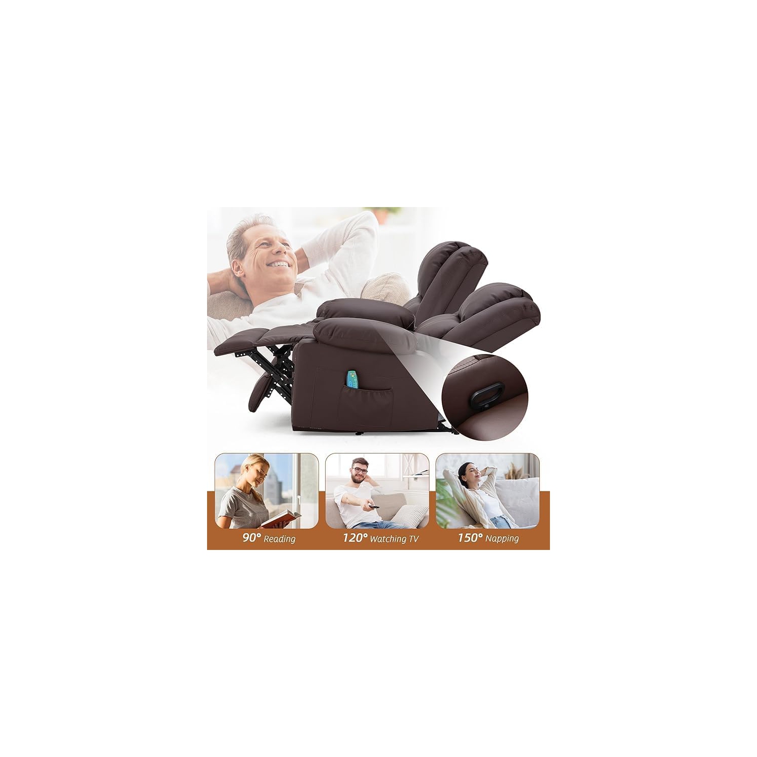 Causeuse inclinable AECOJOY avec fonction massage et chaleur, causeuse inclinable moderne 2 places avec pochettes latérales, brun