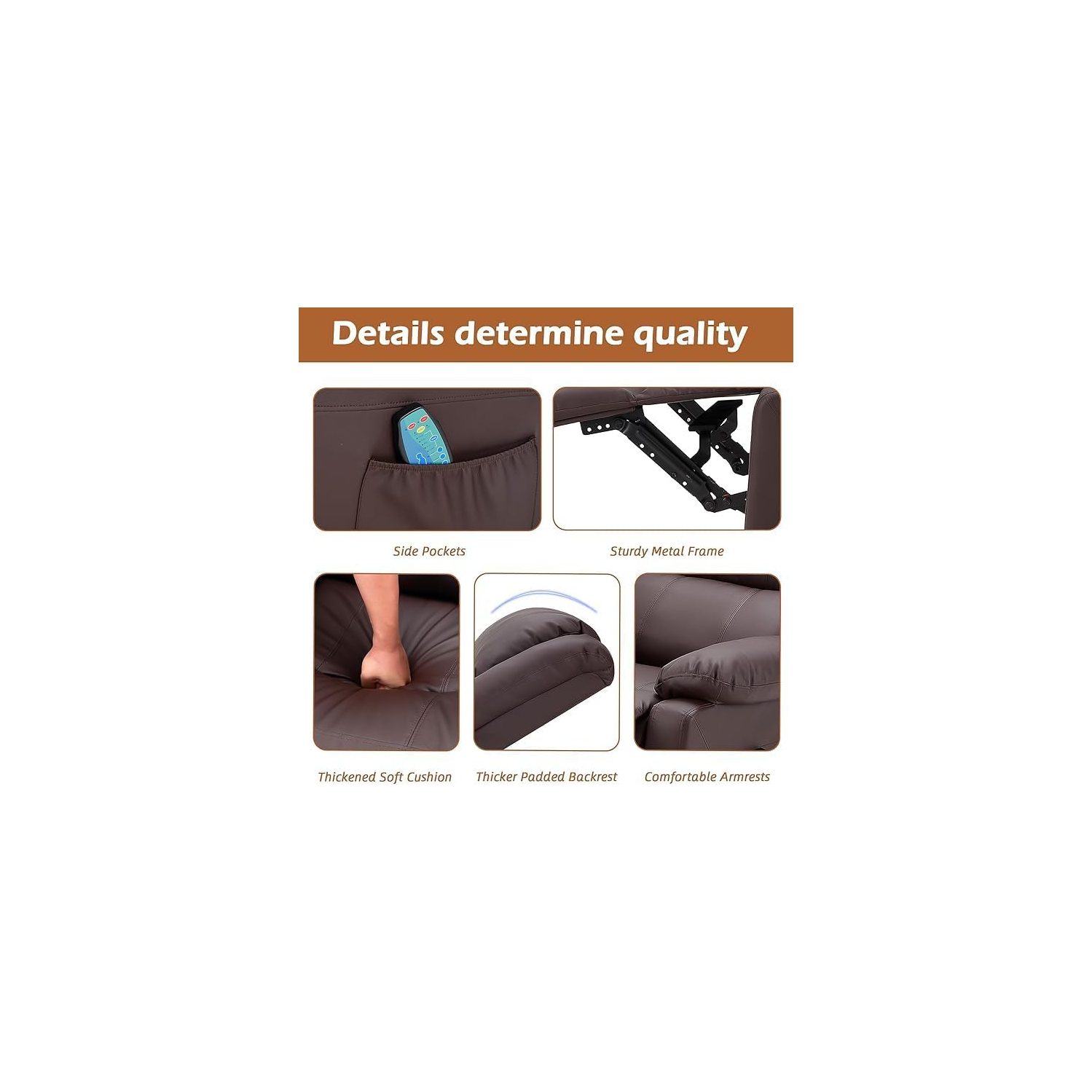 Causeuse inclinable AECOJOY avec fonction massage et chaleur, causeuse inclinable moderne 2 places avec pochettes latérales, brun