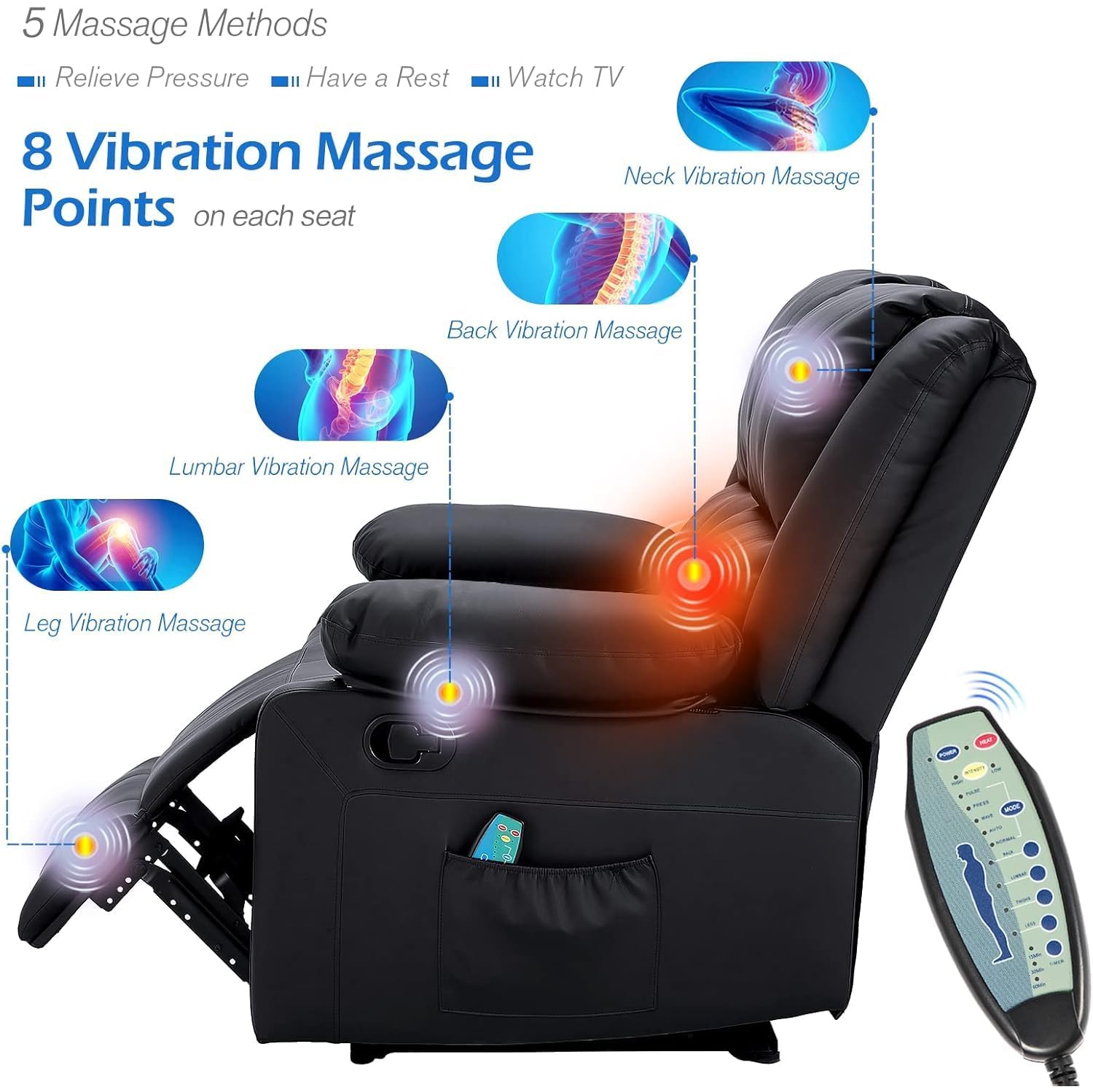 Causeuse inclinable AECOJOY avec fonction massage et chaleur, causeuse inclinable moderne 2 places avec pochettes latérales, noir