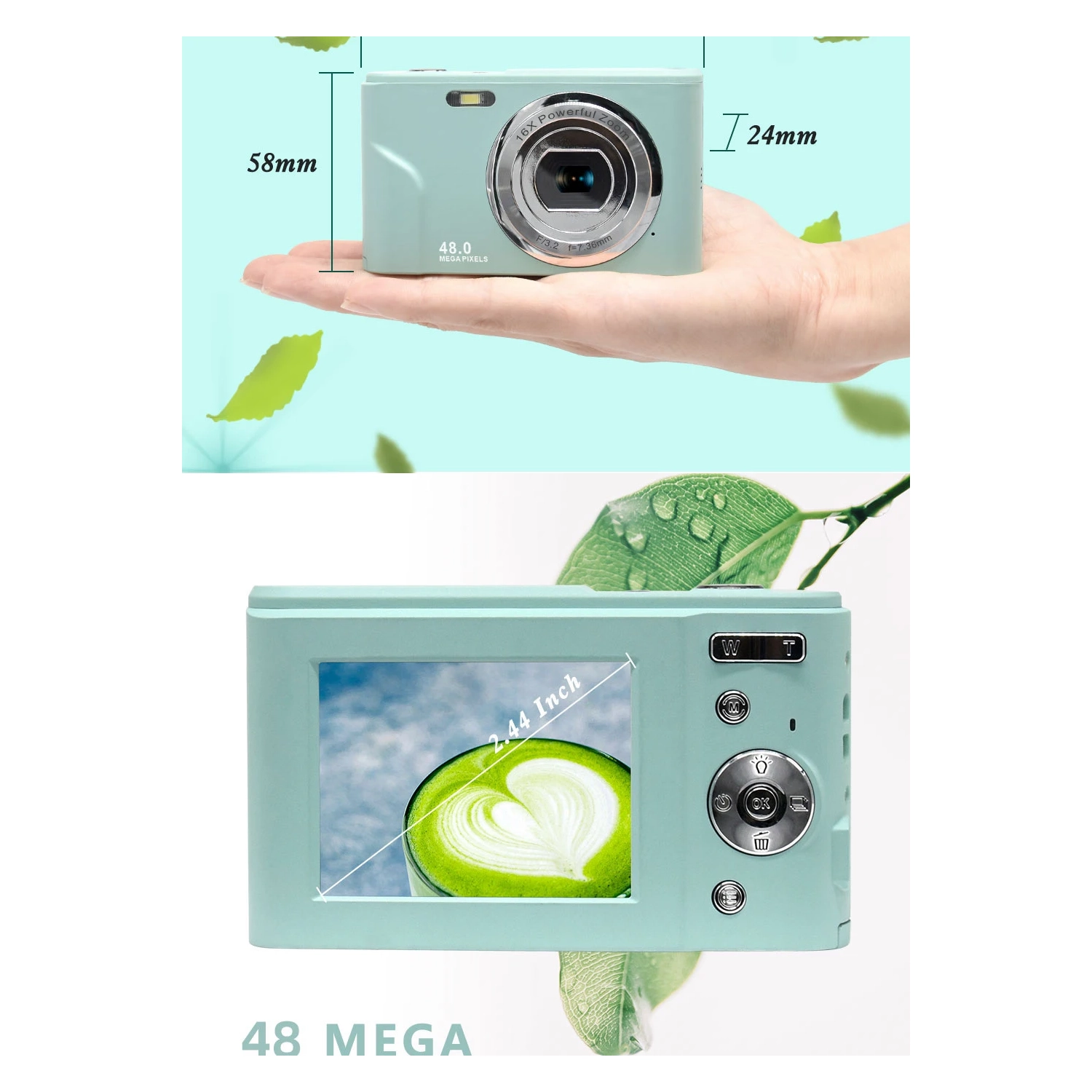 Mini digital camera for students, home use, Selfie, HD card camera, 16x zoom, 8 megapixels - pink, 32GB memory card