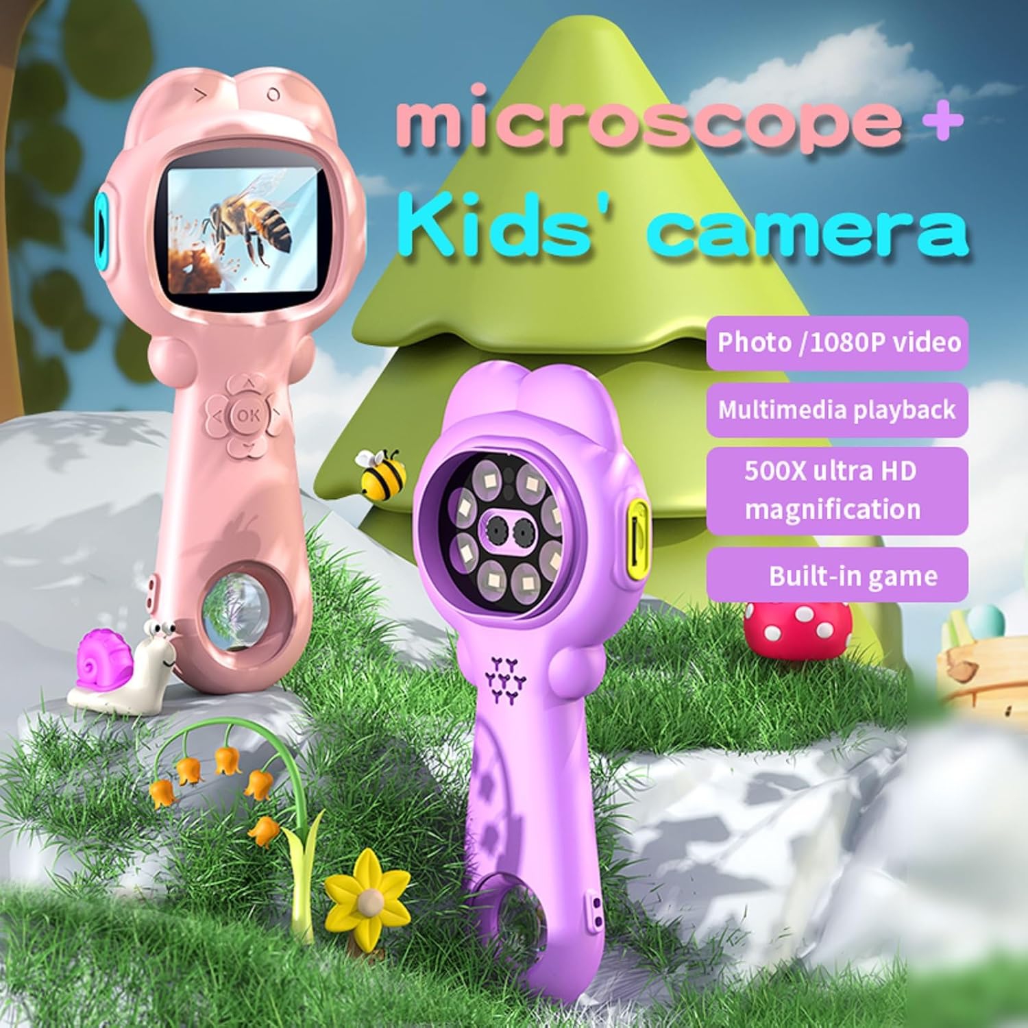 Microscope portatif pour enfants 2 mégapixels Caméra double 2-en-1 avec interrupteur automatique pour photos/vidéos/lecture/jeux - objectif rose 500x