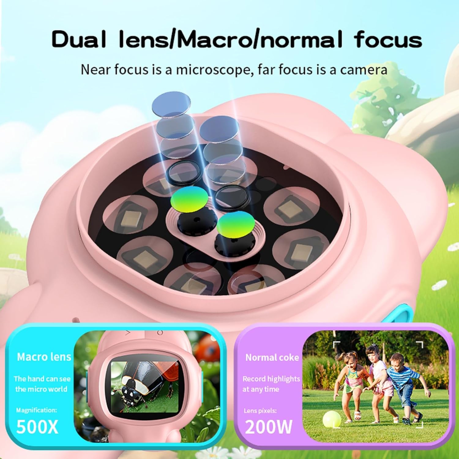 Microscope portatif pour enfants 2 mégapixels Caméra double 2-en-1 avec interrupteur automatique pour photos/vidéos/lecture/jeux - objectif rose 500x