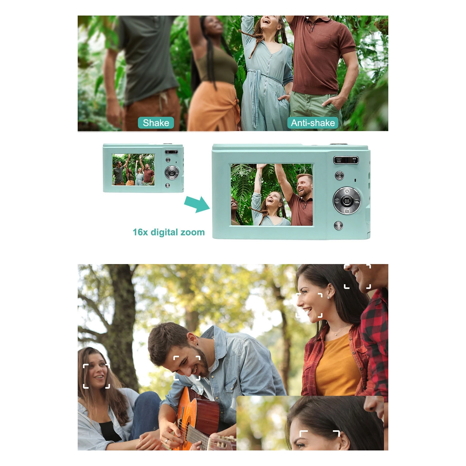 Mini digital camera for students, home use, Selfie, HD card camera, 16x zoom, 8 megapixels - purple, 32GB memory card