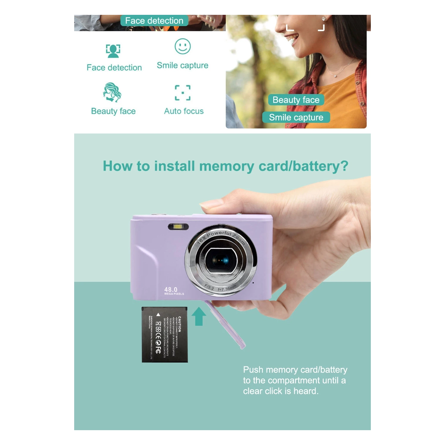 Mini digital camera for students, home use, Selfie, HD card camera, 16x zoom, 8 megapixels - blue, 32GB memory card