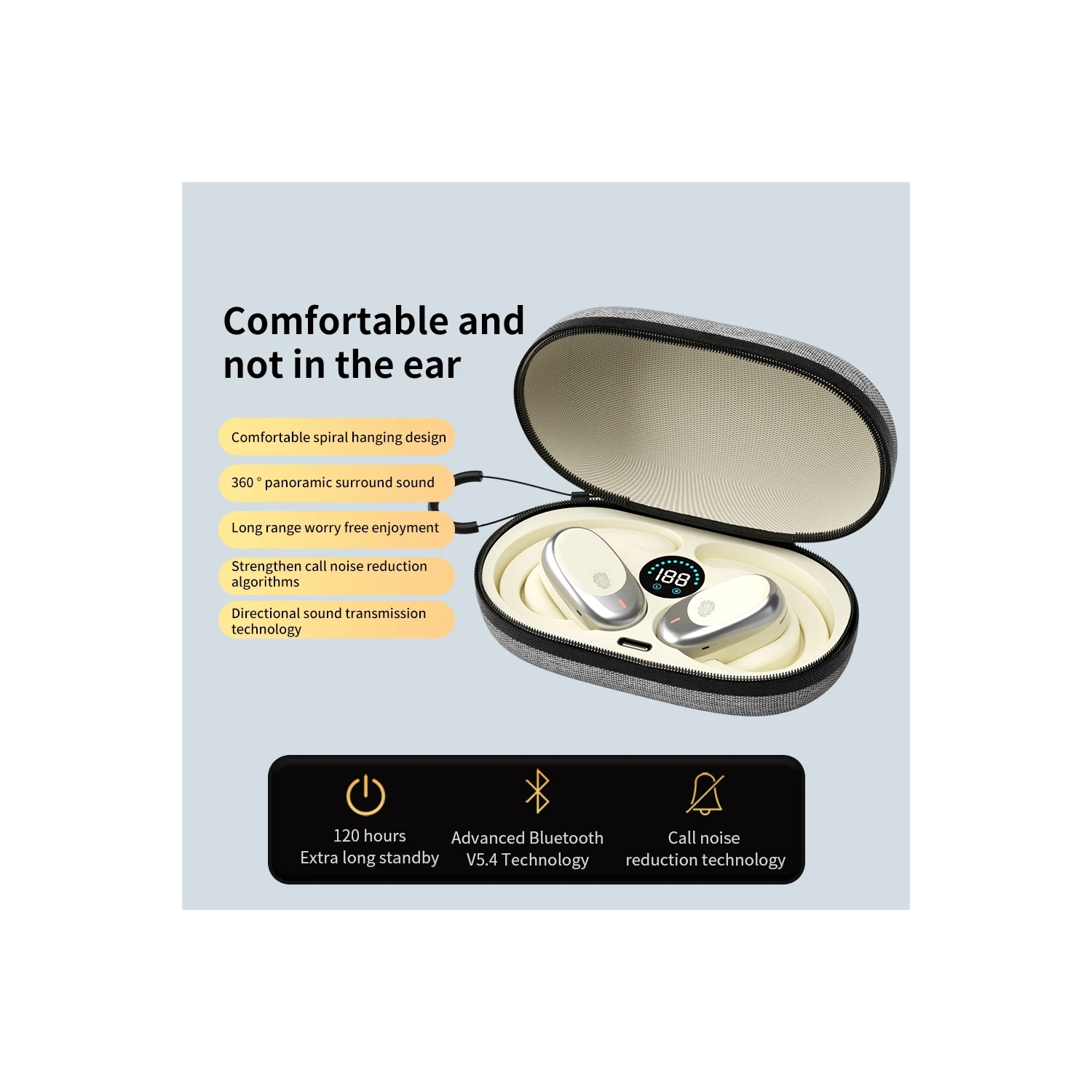 Casque sport Bluetooth OWS Open-Back, casque sans fil Bluetooth 5,3, casque d'écoute sport étanche pour appels HD avec microphone - Noir