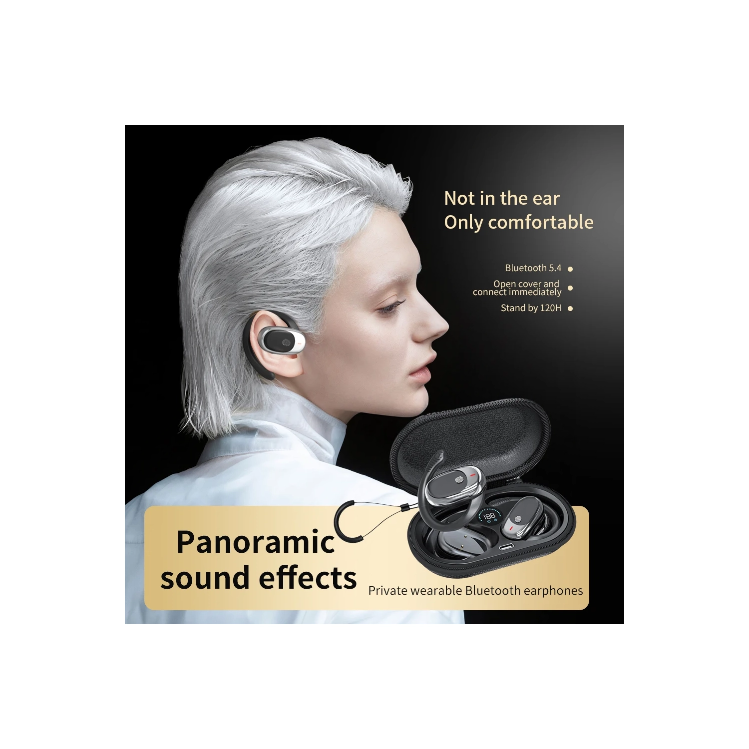 Casque sport Bluetooth OWS Open-Back, casque sans fil Bluetooth 5,3, casque d'écoute sport étanche pour appels HD avec microphone - Blanc