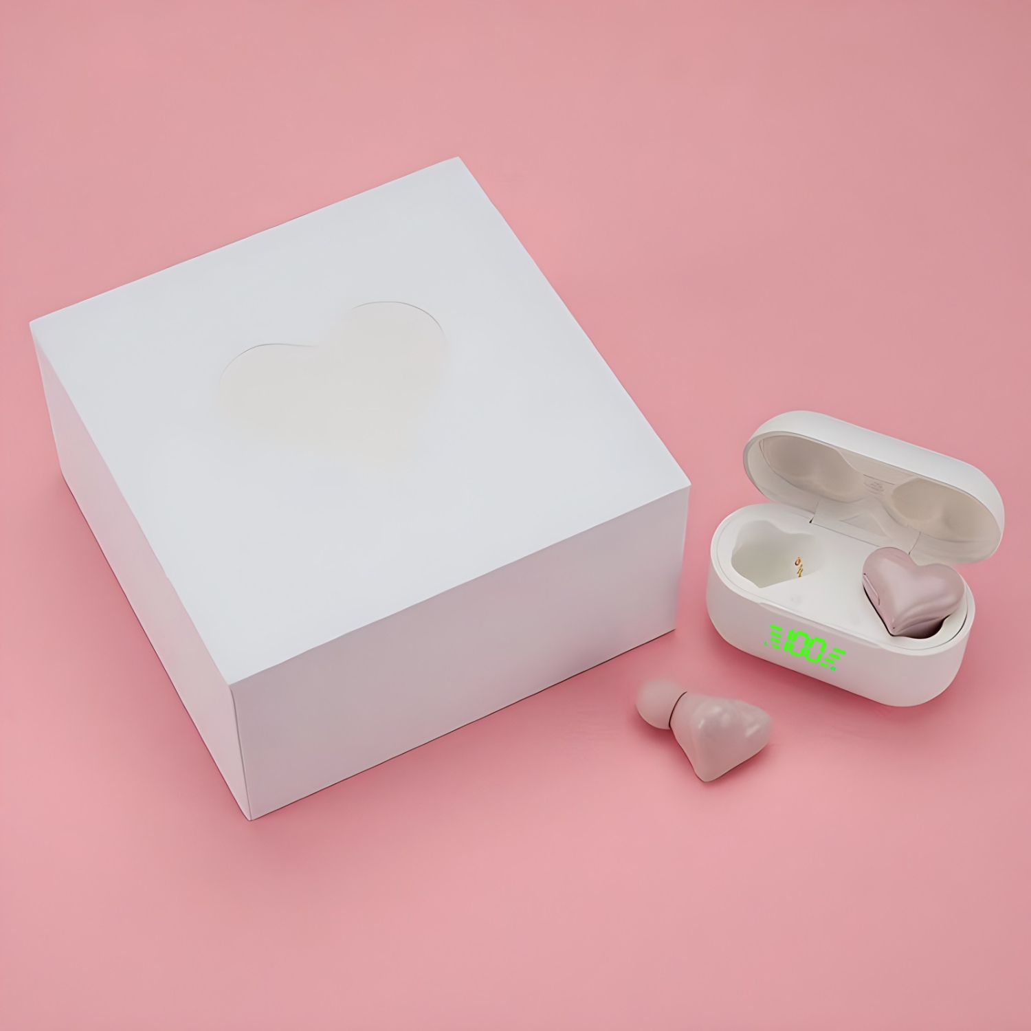 Écouteurs bouton sport Bluetooth sans fil Bluetooth à suppression du bruit Heart-Shaped Wireless Mini de Battery Display - Rose