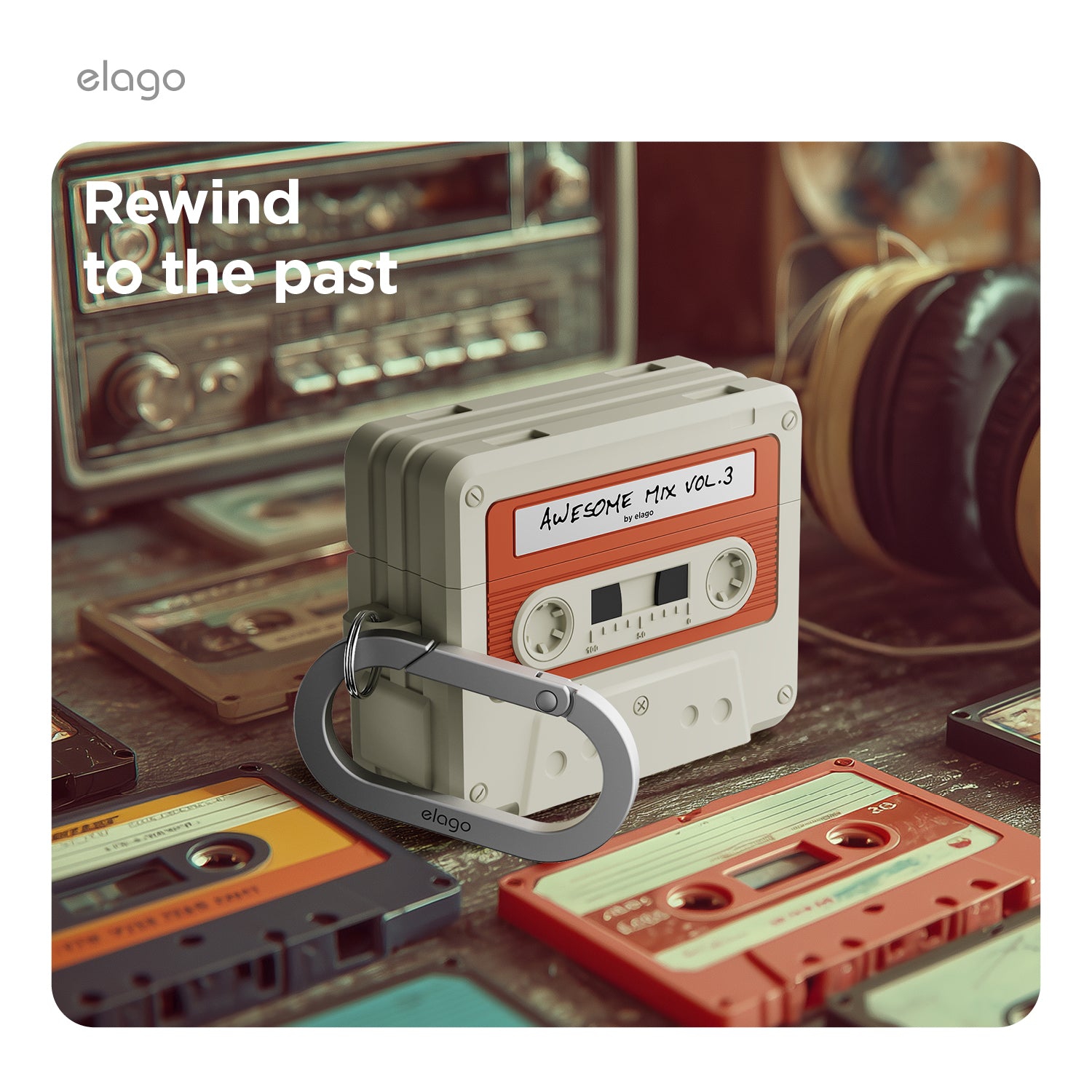 elago Cassette Tape Case for AirPods Pro 3 Case - Carabiner Included, Supports Wireless Charging, Shock Resistant, Full Protection, Headphone