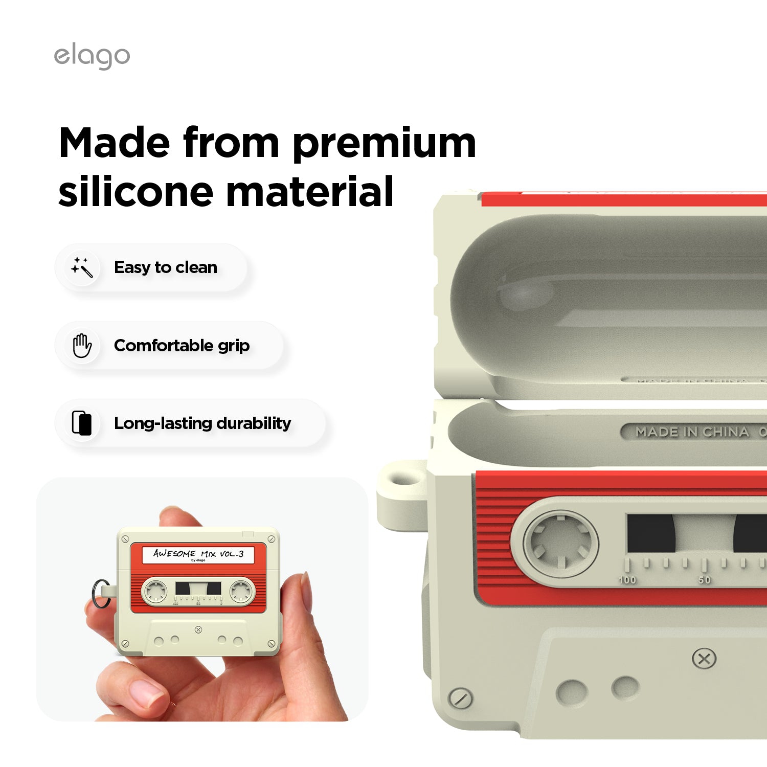 elago Cassette Tape Case for AirPods Pro 3 Case - Carabiner Included, Supports Wireless Charging, Shock Resistant, Full Protection, Headphone