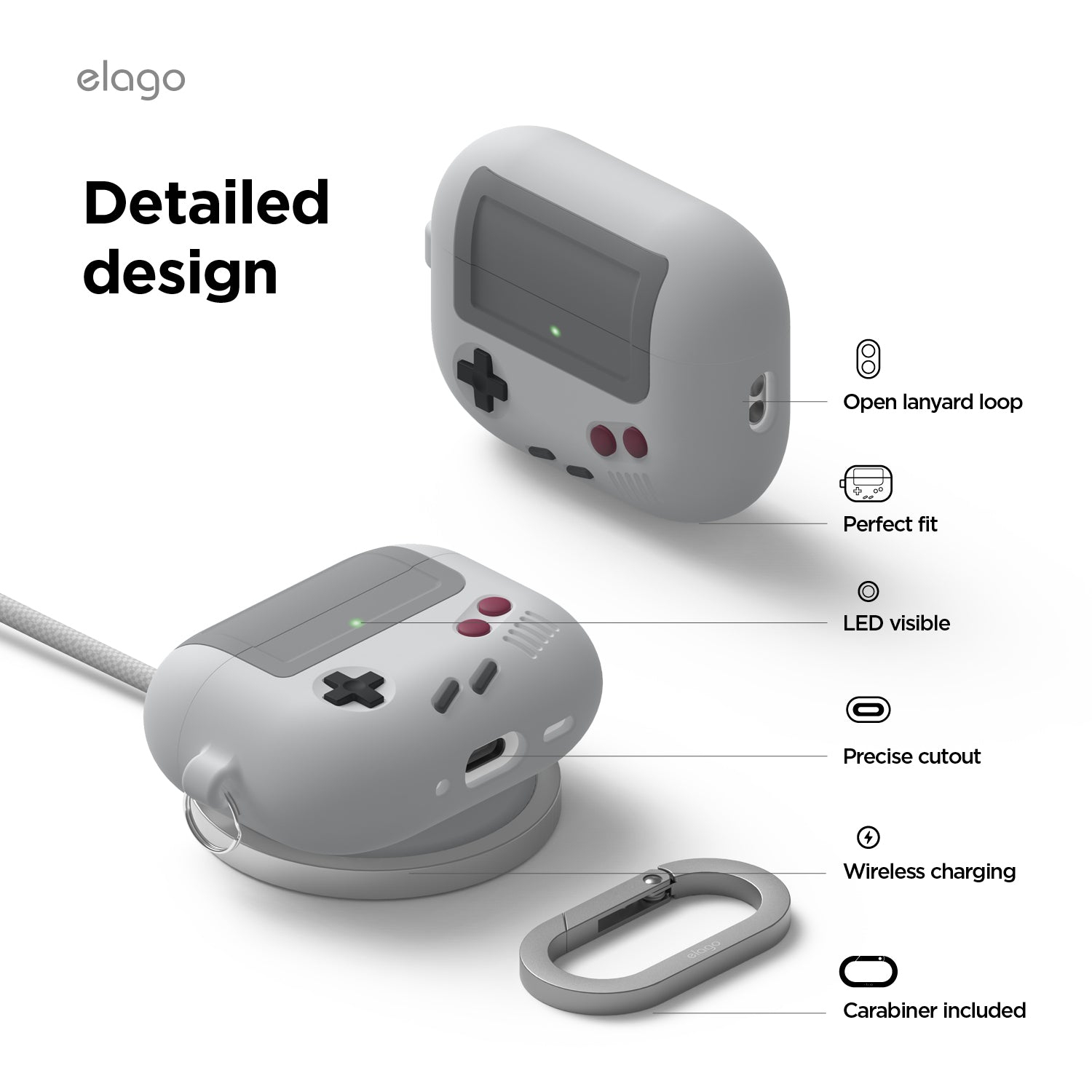 elago AW5 for AirPods Pro 3 Case Cover - Classic Retro Handheld Game Console Design Case, Carabiner Included [Light Grey]
