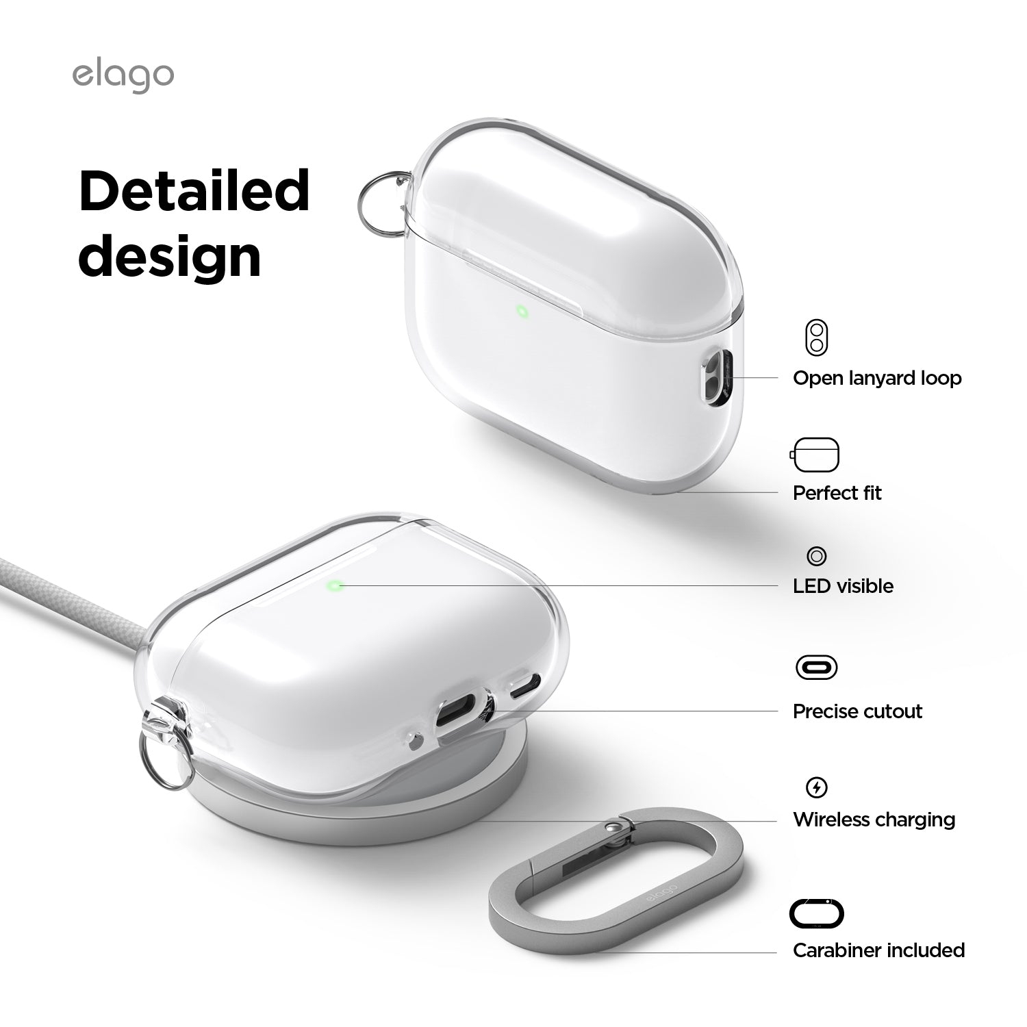 elago Clear Case for AirPods Pro 3 Case Clear Cover - Carabiner Included, Reduced Yellowing, Shockproof, Full Protection, Soft TPU, Wireless Charging