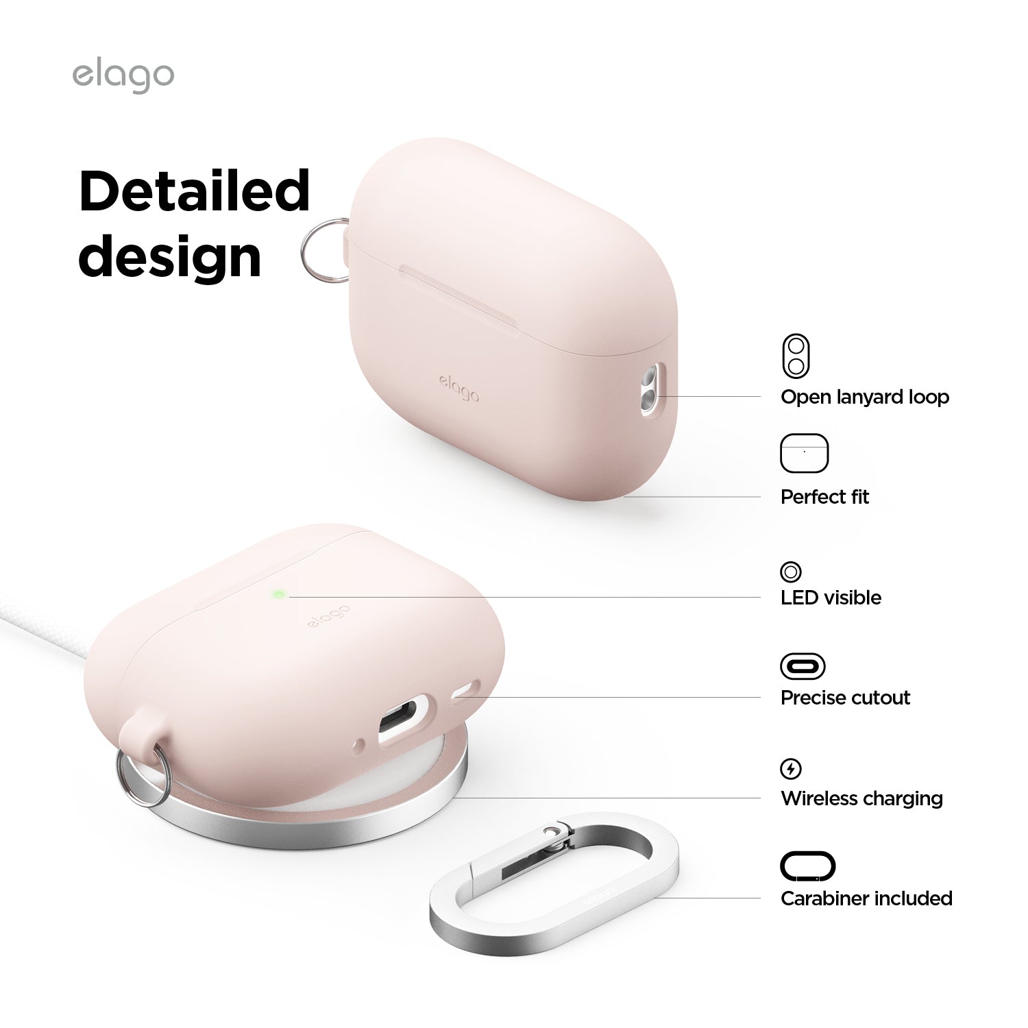 elago for AirPods Pro 3 Case - Premium Silicone Case with Carabiner, Supports Wireless Charging, Shock Resistant, Full Protection, Headphone