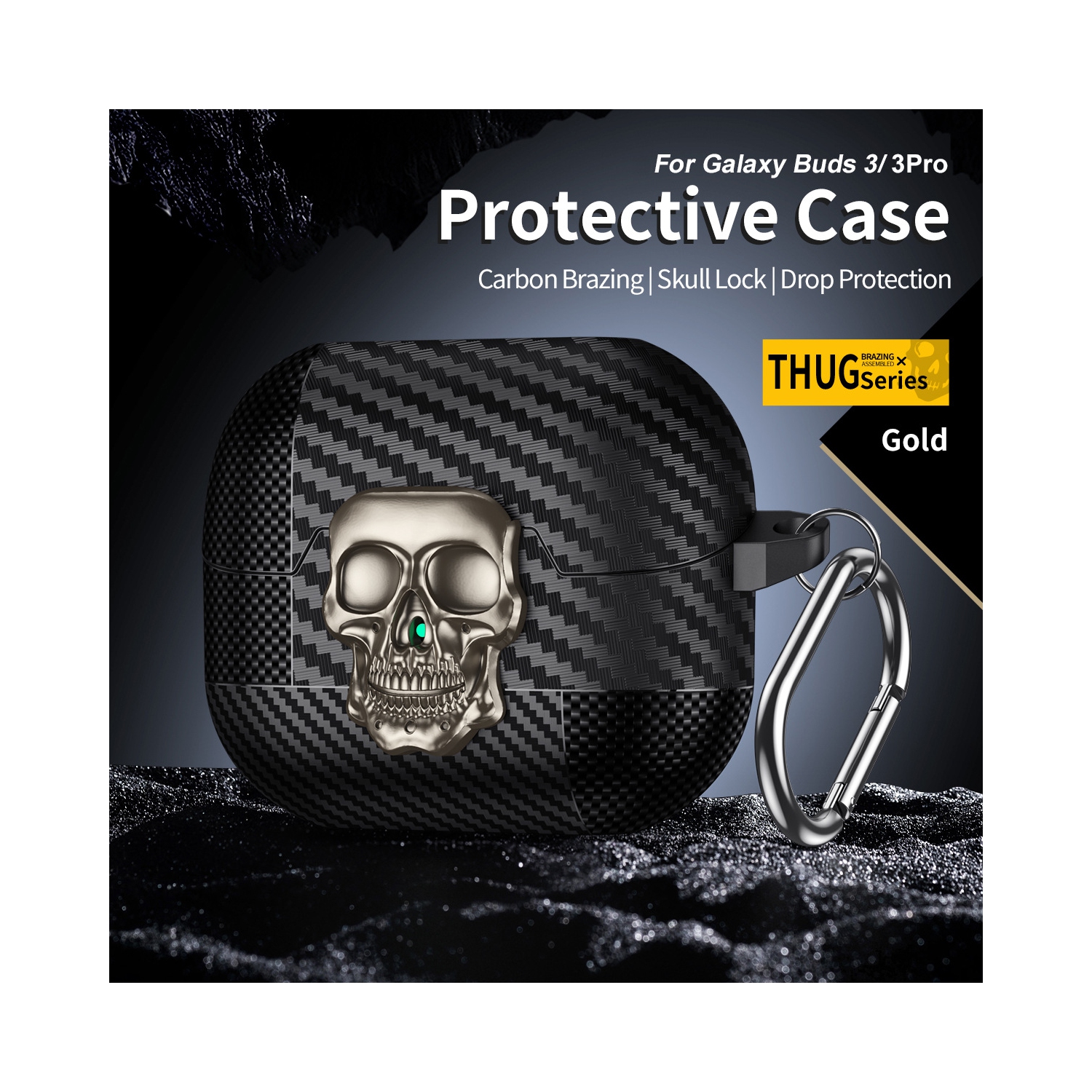 Carbon fiber skull pattern Galaxy Buds 3/3 Pro earphone case for Samsung earphones, soft case, personalized Buds 3/3 Pro - Champagne Gold, with a