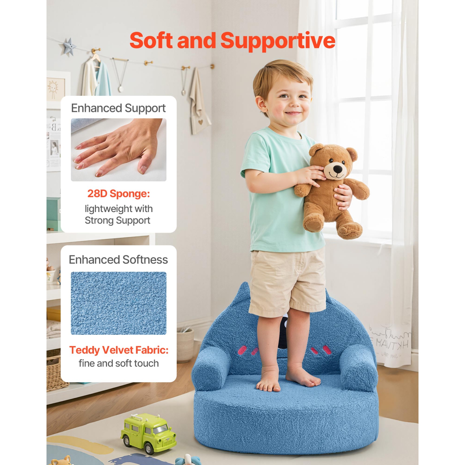 VEVOR Kids Chair Comfy, Monster Style Foam Toddler Chair with Armrests, Movable & Washable Kids Sofa Made of 28D Sponge & Teddy Plush for Playroom,