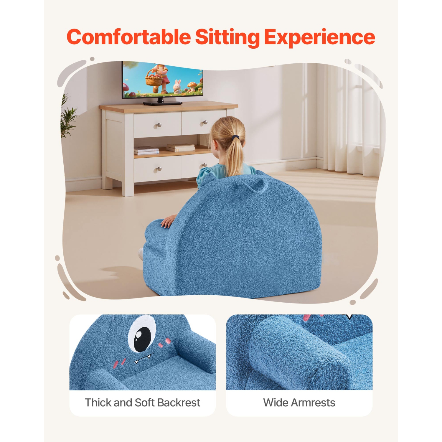 VEVOR Kids Chair Comfy, Monster Style Foam Toddler Chair with Armrests, Movable & Washable Kids Sofa Made of 28D Sponge & Teddy Plush for Playroom,