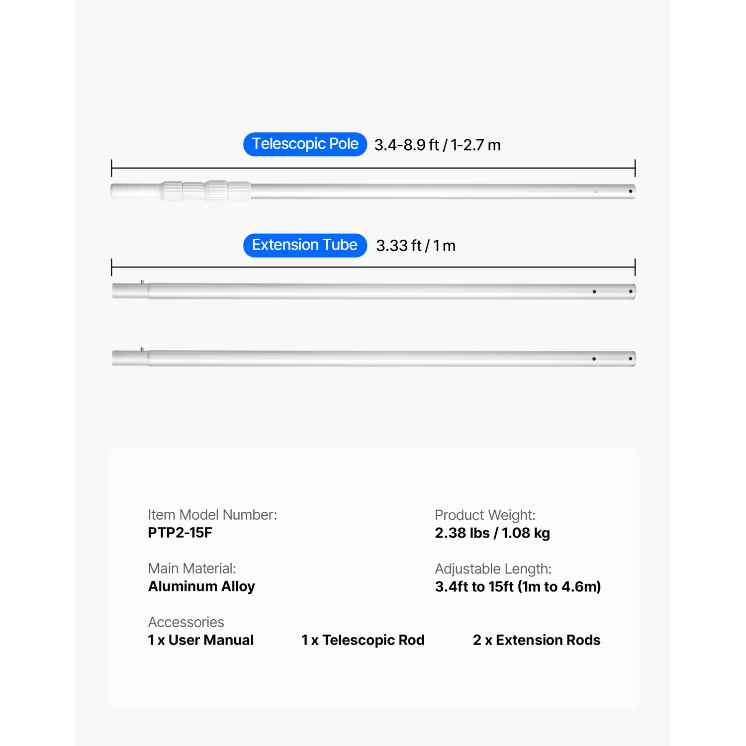 Poteau de piscine VEVOR, 3,4 à 15 pi de poteaux de nettoyage télescopiques pour piscine, poteau télescopique réglable professionnel avec 2 rallonges,