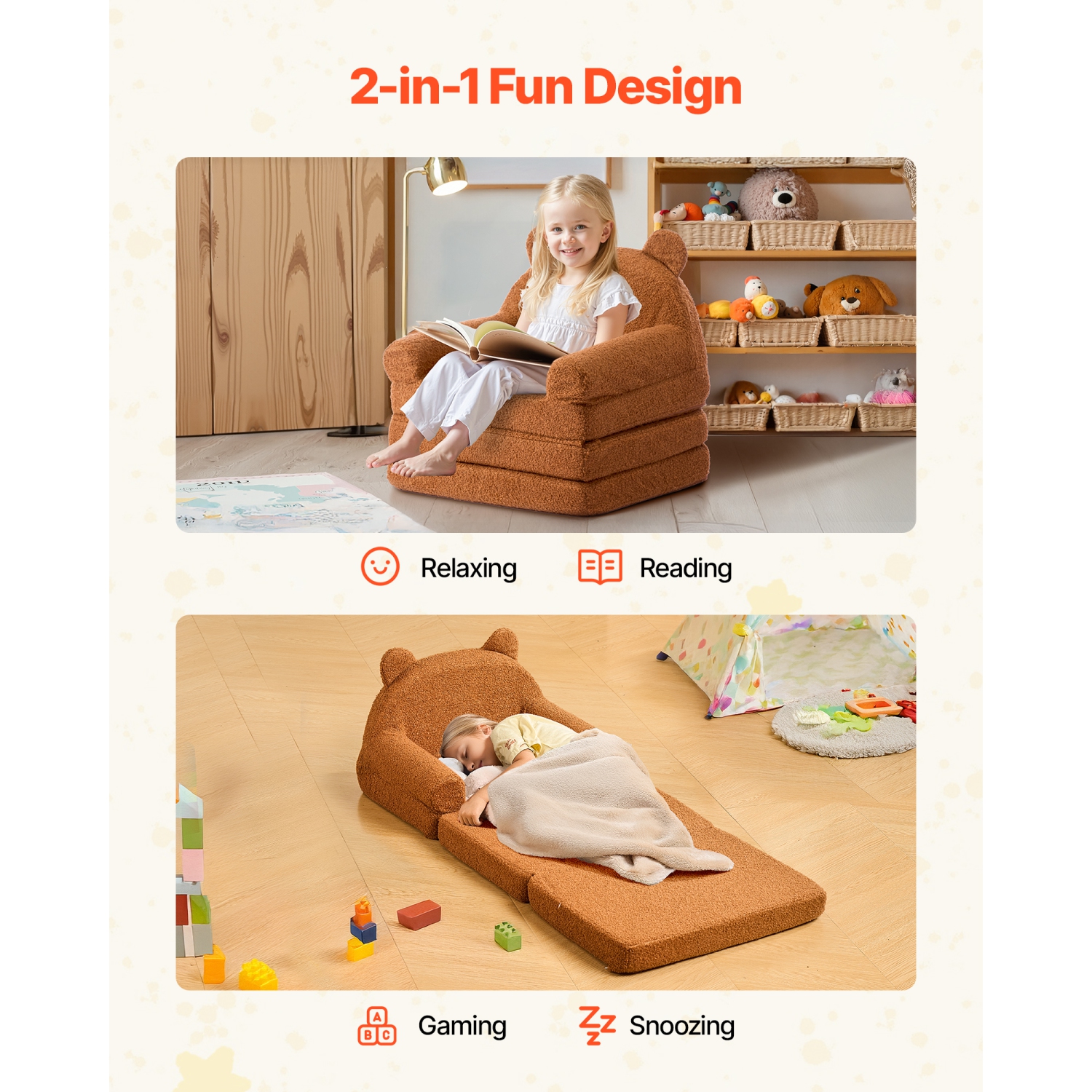 VEVOR 2-in-1 Kids Sofa, Foldable Bear Toddler Soft Couch with Armrests, Made of 28D Sponge & Teddy Fleece, Convertible Toddler Chair to Lounger, Kid