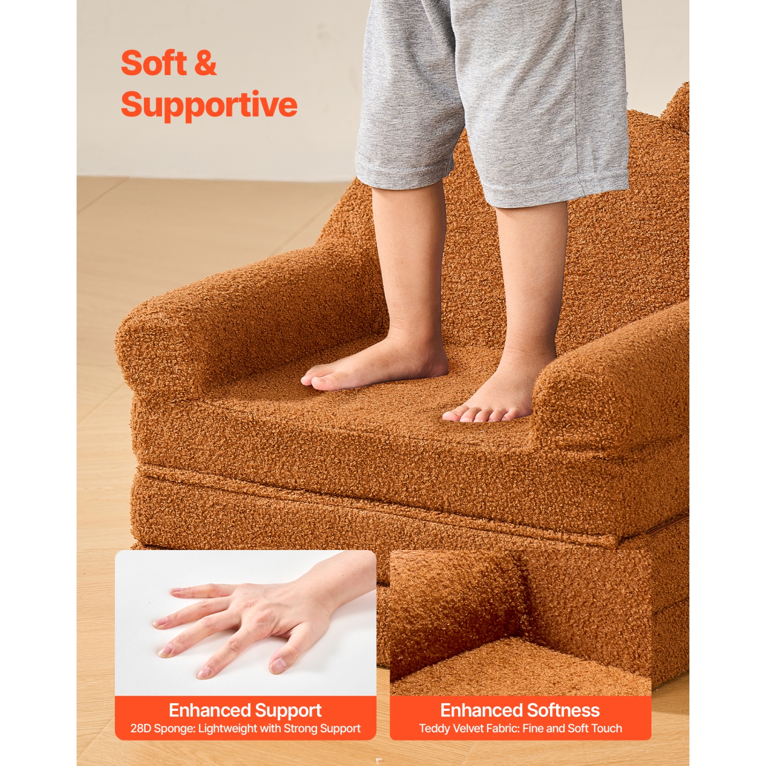 VEVOR 2-in-1 Kids Sofa, Foldable Bear Toddler Soft Couch with Armrests, Made of 28D Sponge & Teddy Fleece, Convertible Toddler Chair to Lounger, Kid