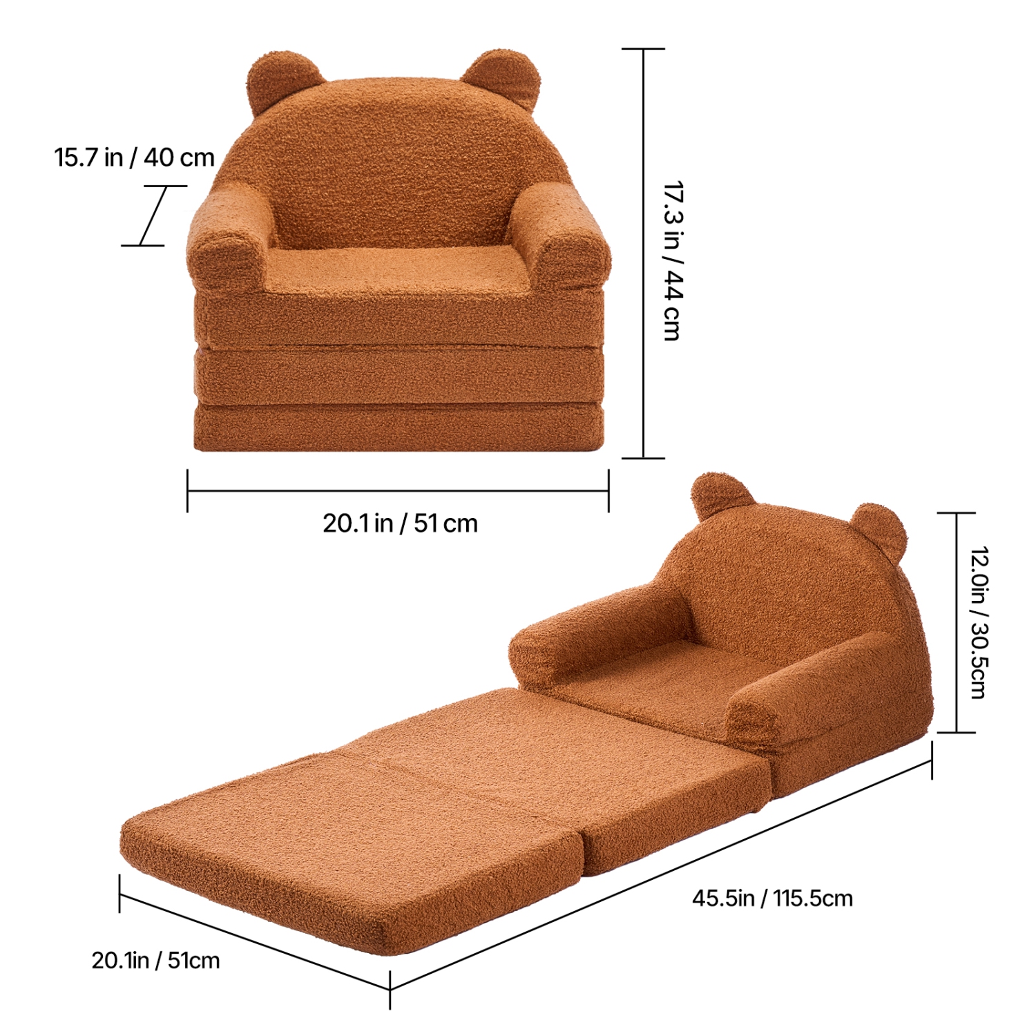 VEVOR 2-in-1 Kids Sofa, Foldable Bear Toddler Soft Couch with Armrests, Made of 28D Sponge & Teddy Fleece, Convertible Toddler Chair to Lounger, Kid