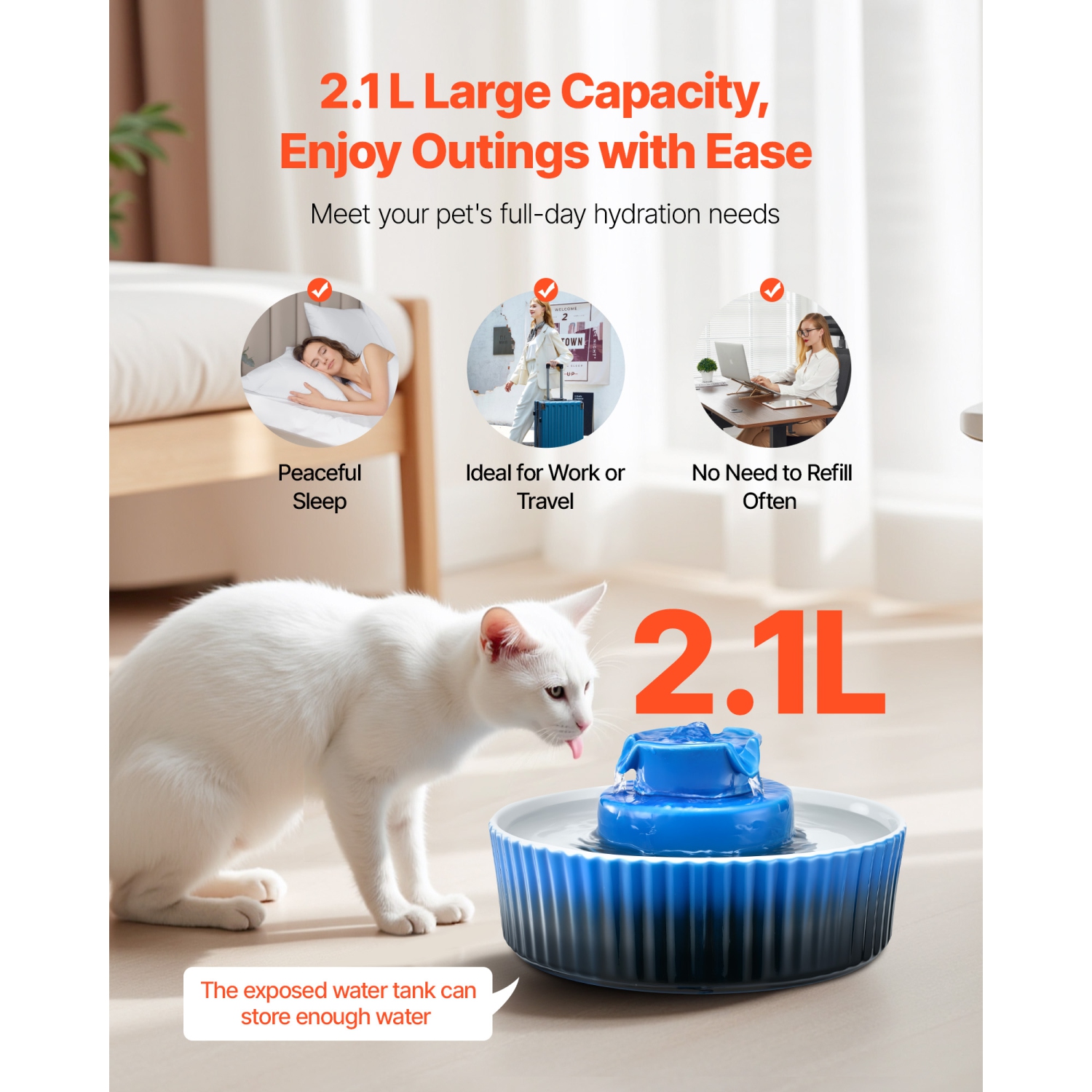 VEVOR Ceramic Cat Water Fountain, 2.1L/71oz Cupcake Pet Fountain, Porcelain Cat Water Dispenser with Ultra-Quiet Pump, 360° Drinking Area , for Cats