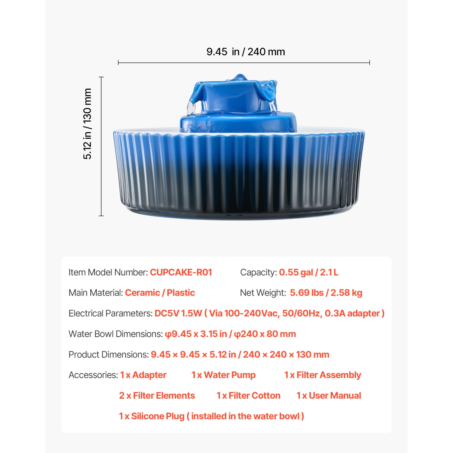 VEVOR Ceramic Cat Water Fountain, 2.1L/71oz Cupcake Pet Fountain, Porcelain Cat Water Dispenser with Ultra-Quiet Pump, 360° Drinking Area , for Cats