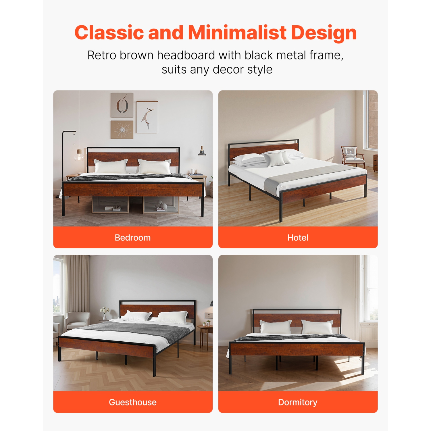 VEVOR King Size Bed Frame, 14 Inch Black Metal Platform Bed Frame with Retro Brown Wooden Headboard and Footboard, Large Under-Bed Storage, Non-Slip