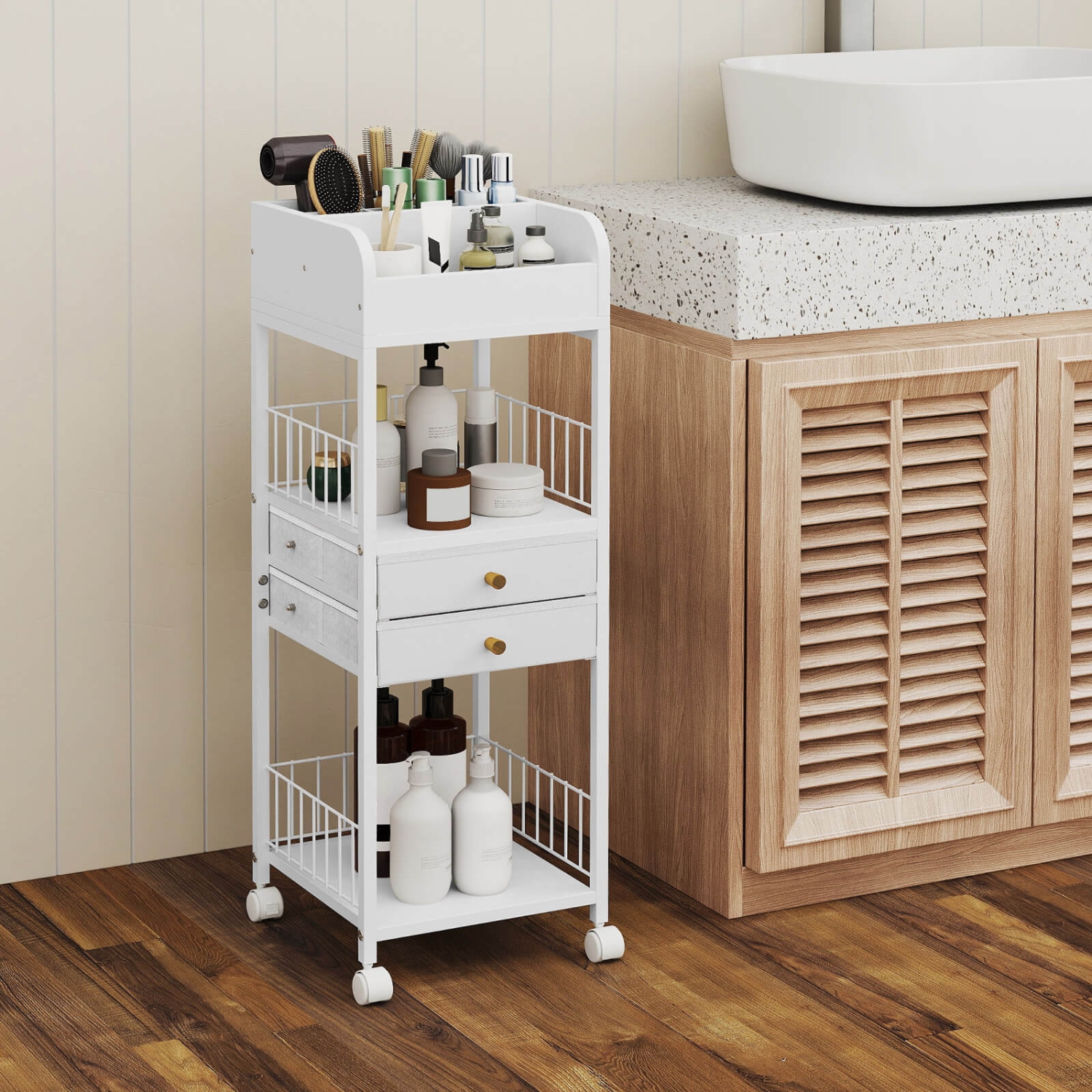 Costway – Chariot de rangement pour maquillage avec 2 tiroirs de rangement et roulettes verrouillables pour parfum, blanc
