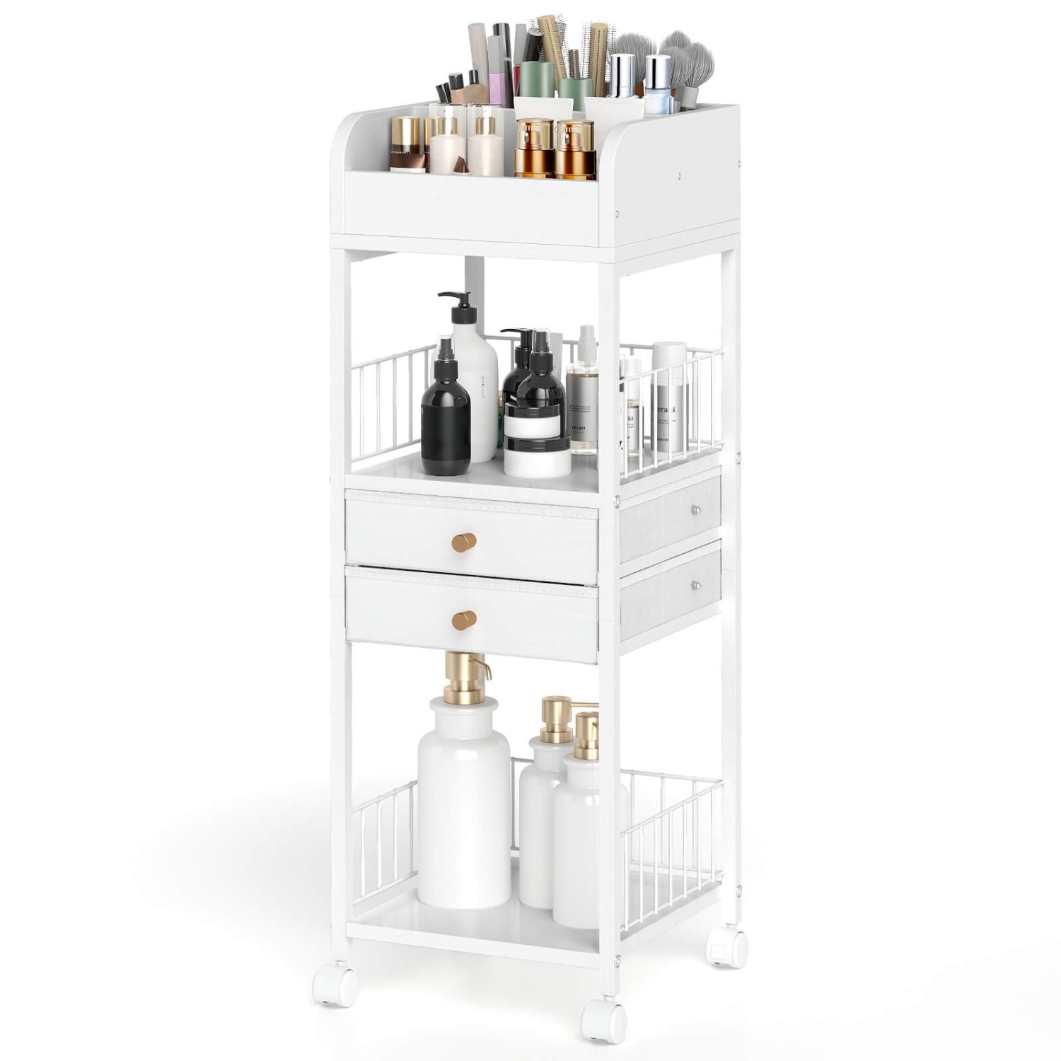 Costway – Chariot de rangement pour maquillage avec 2 tiroirs de rangement et roulettes verrouillables pour parfum, blanc