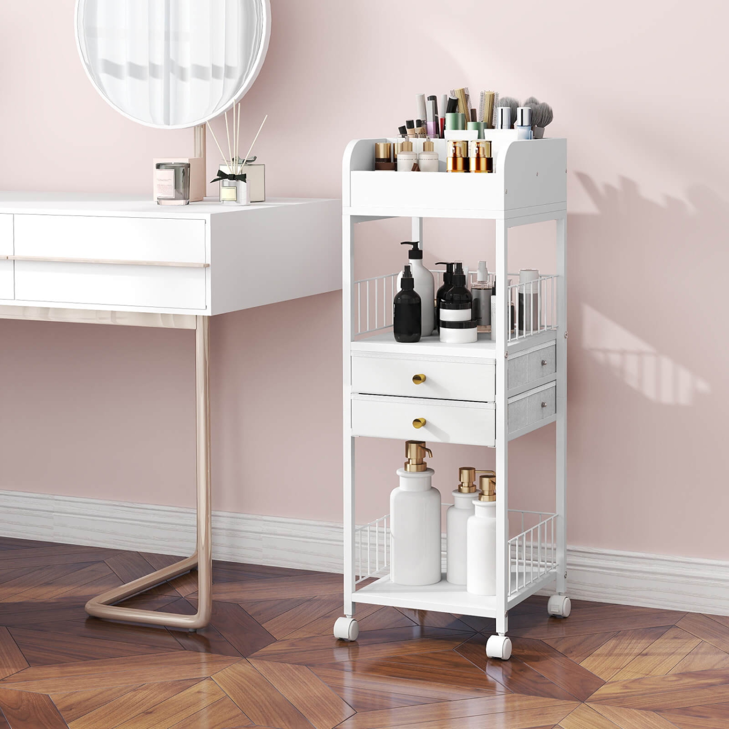 Costway – Chariot de rangement pour maquillage avec 2 tiroirs de rangement et roulettes verrouillables pour parfum, blanc