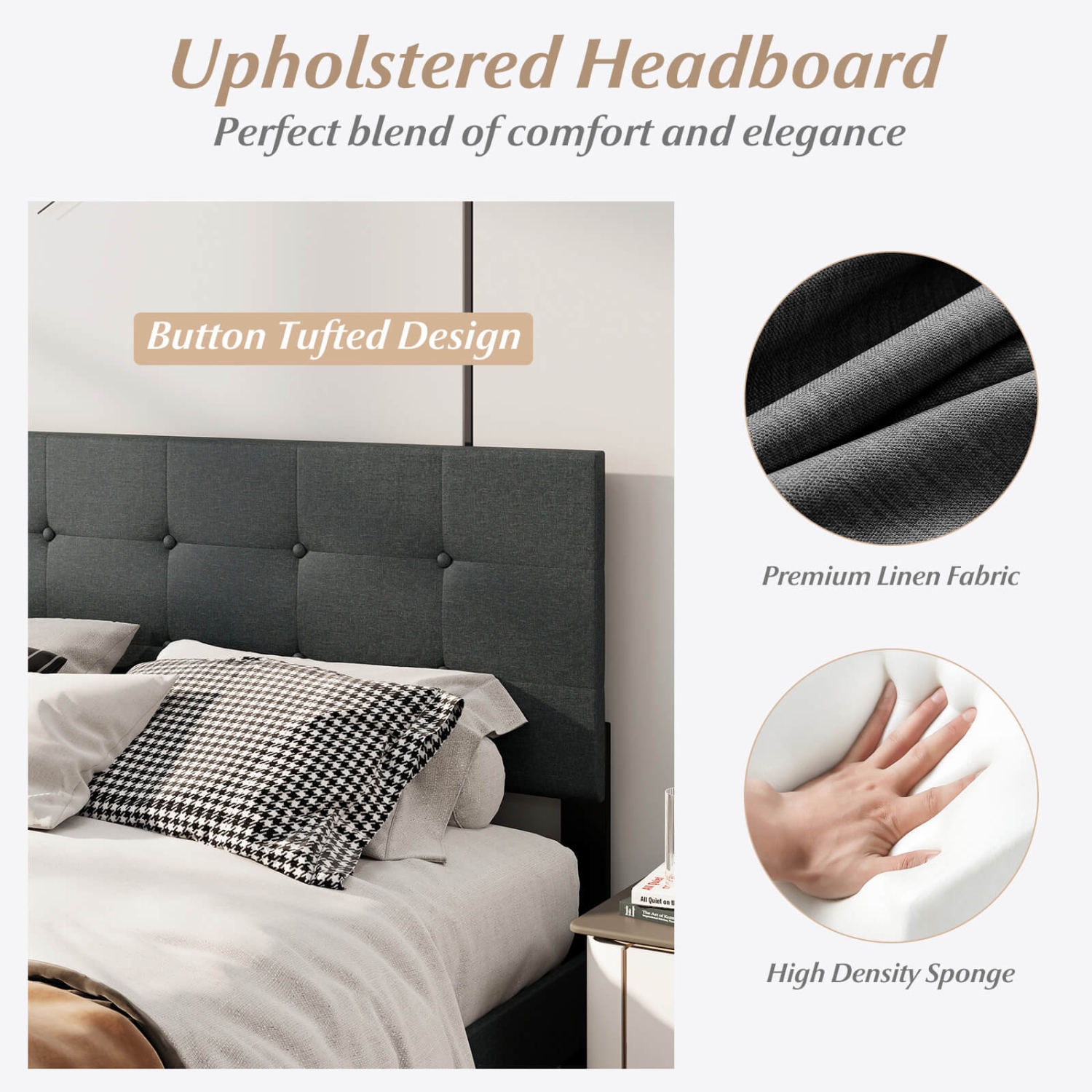 Cadre de grand lit plateforme recouvert de lin de Costway avec tête de lit capitonnée