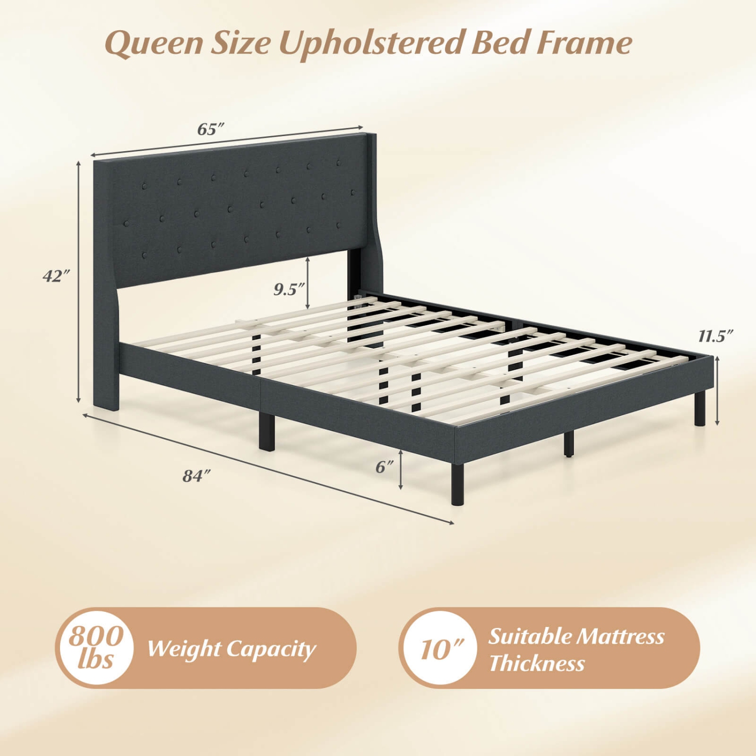 Costway Queen Size Bed Frame Linen Upholstered Mattress Foundation with Wooden Slats