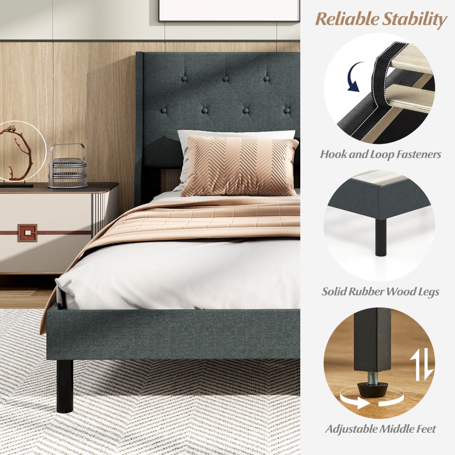 Costway Queen Size Bed Frame Linen Upholstered Mattress Foundation with Wooden Slats