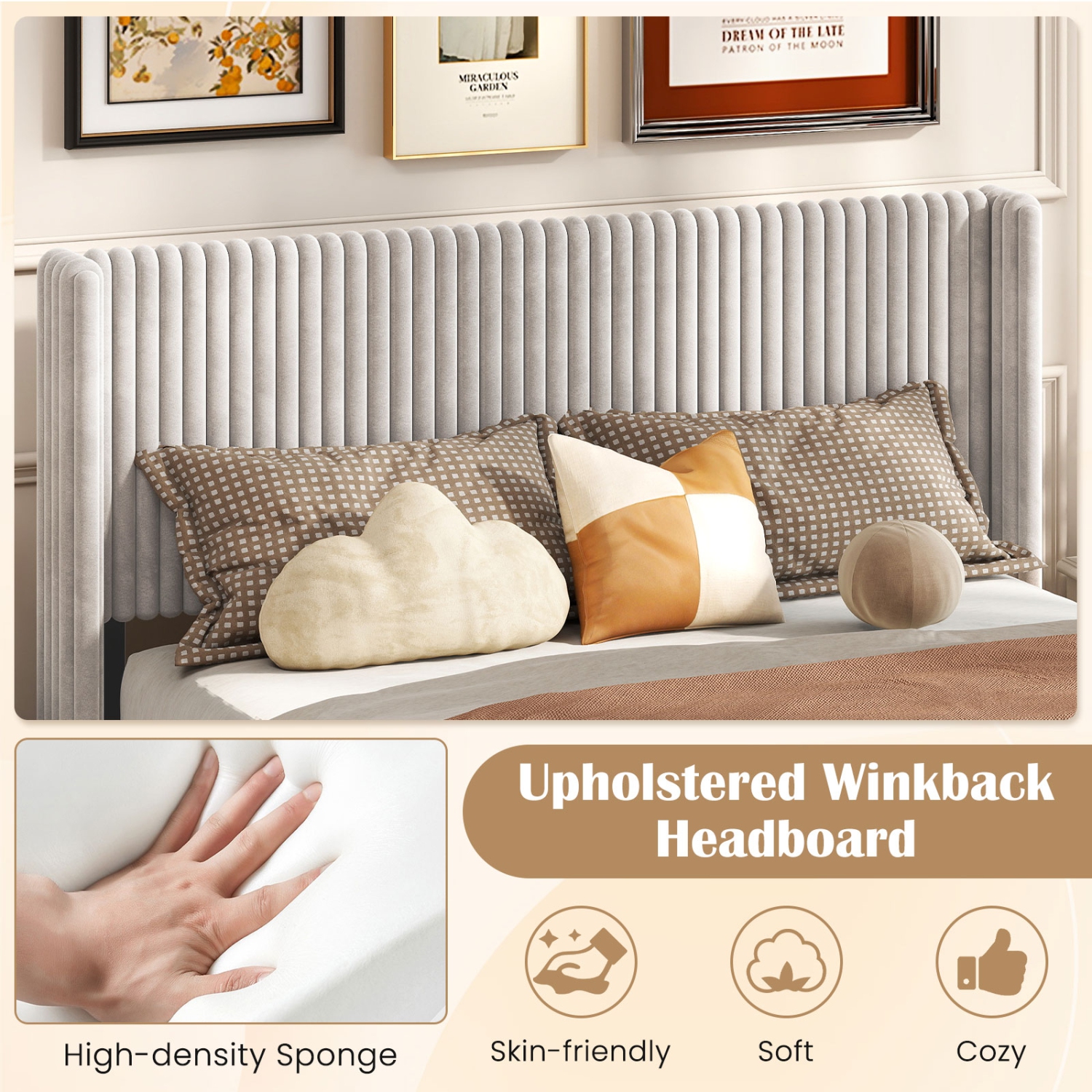 Grand lit plateforme recouvert en velours avec tête de lit à oreilles de Costway