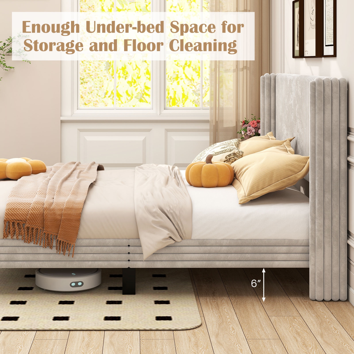 Grand lit plateforme recouvert en velours avec tête de lit à oreilles de Costway