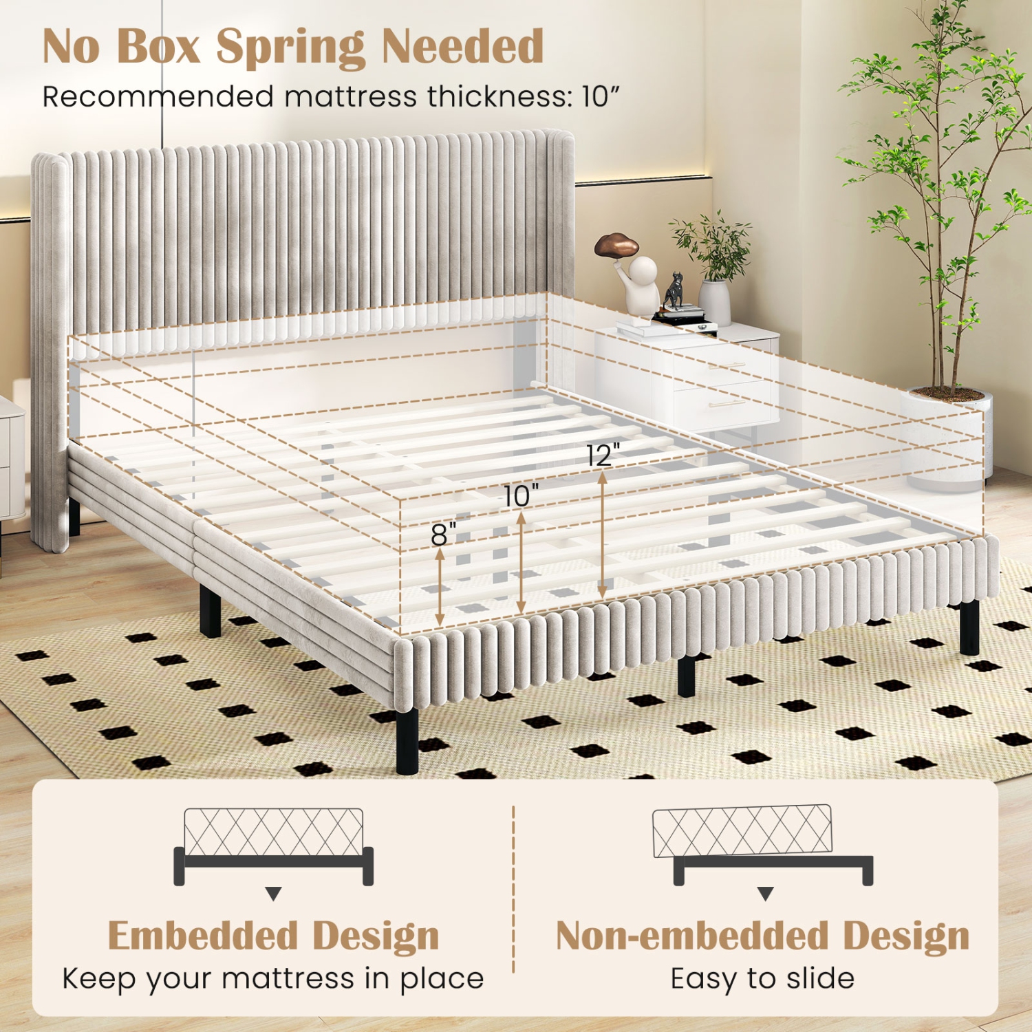 Grand lit plateforme recouvert en velours avec tête de lit à oreilles de Costway