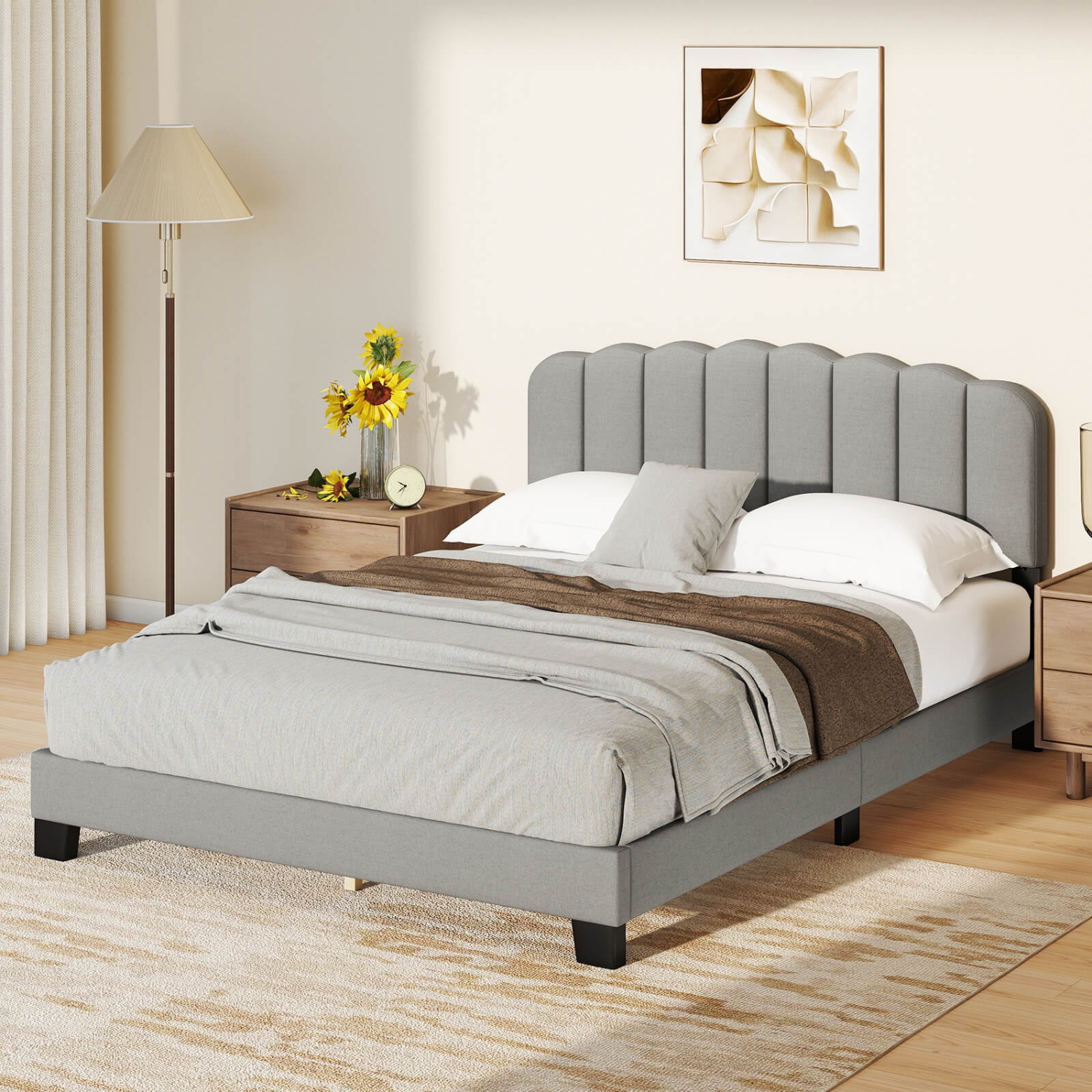 Costway Queen Size Bed Frame Linen Upholstered Platform Bed with Wooden Slat Support