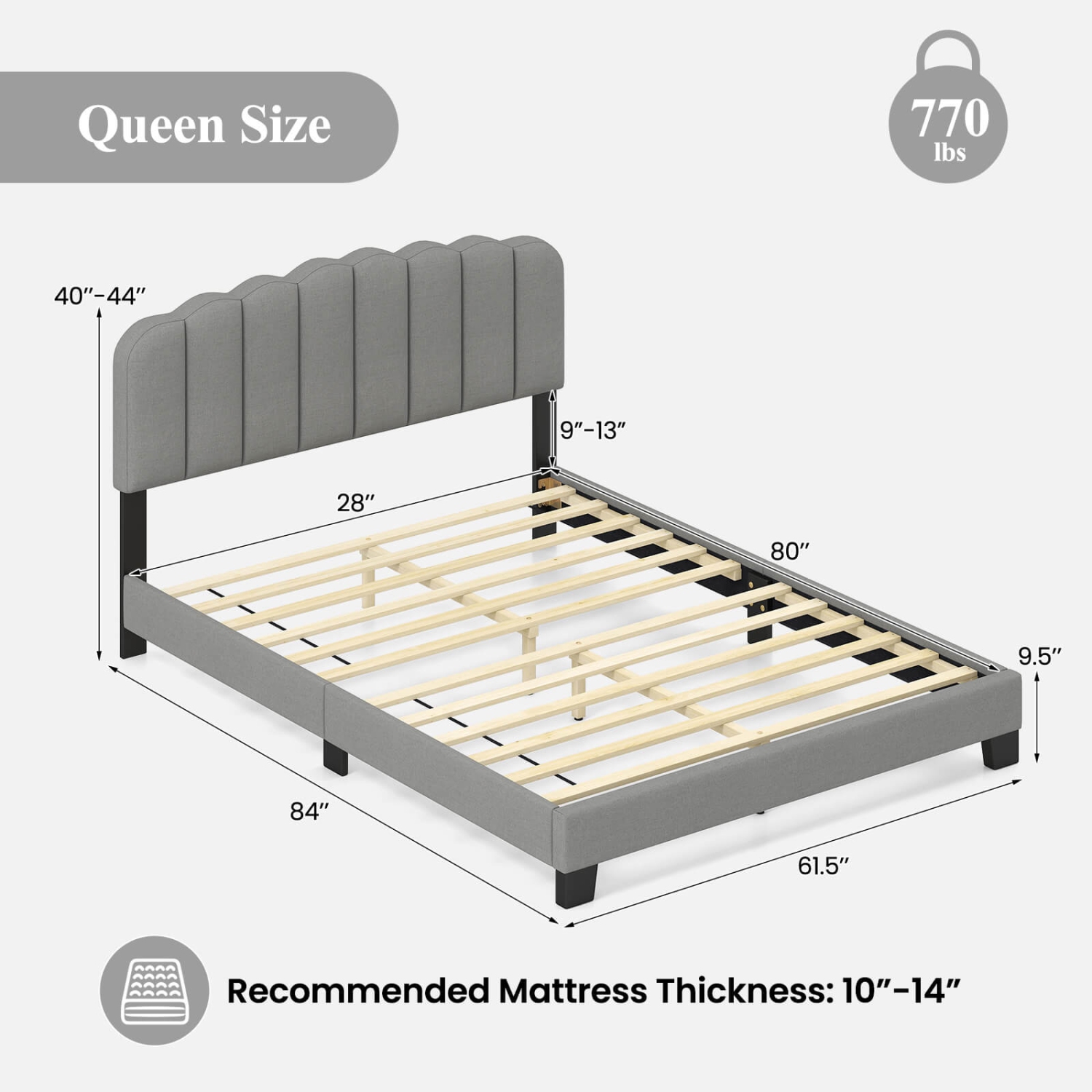 Costway Queen Size Bed Frame Linen Upholstered Platform Bed with Wooden Slat Support