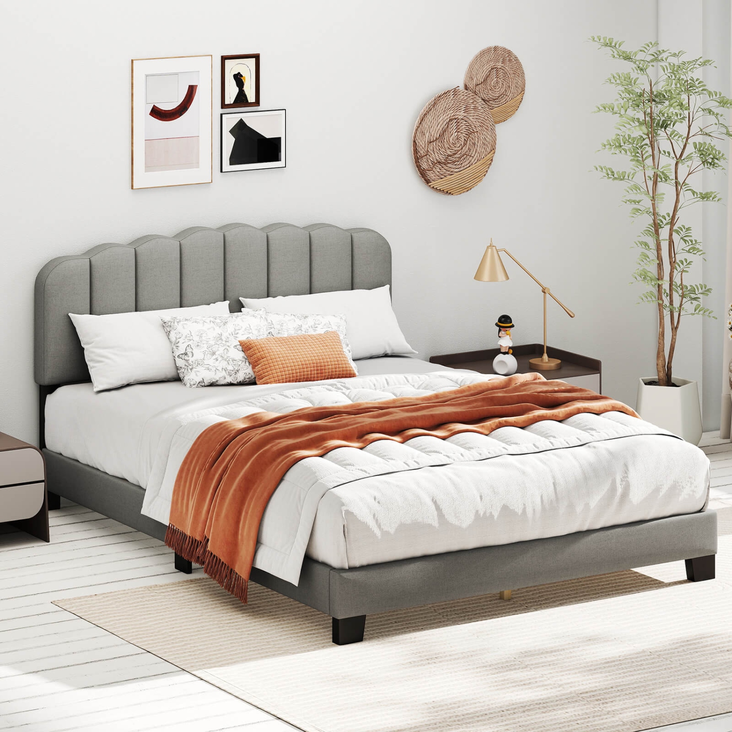 Costway Queen Size Bed Frame Linen Upholstered Platform Bed with Wooden Slat Support