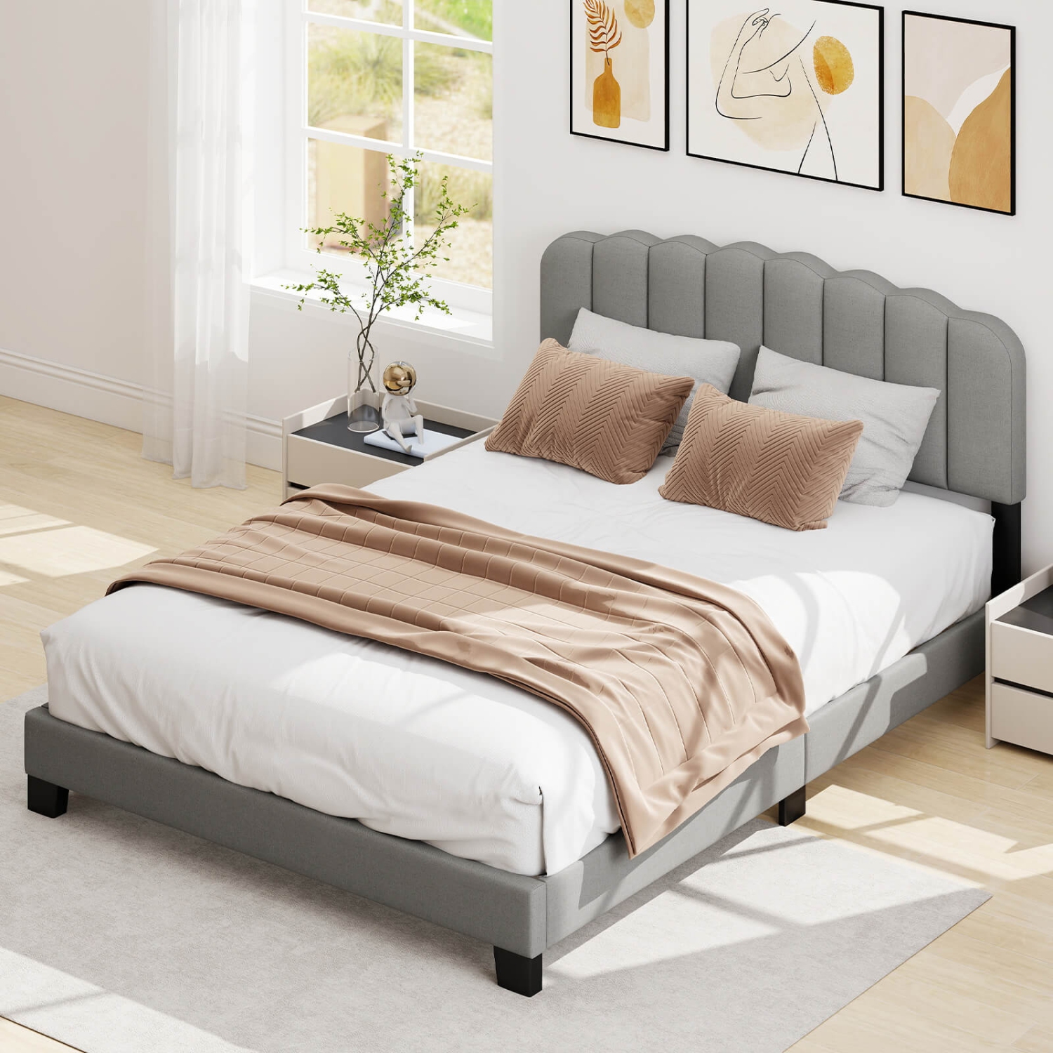 Costway Queen Size Bed Frame Linen Upholstered Platform Bed with Wooden Slat Support