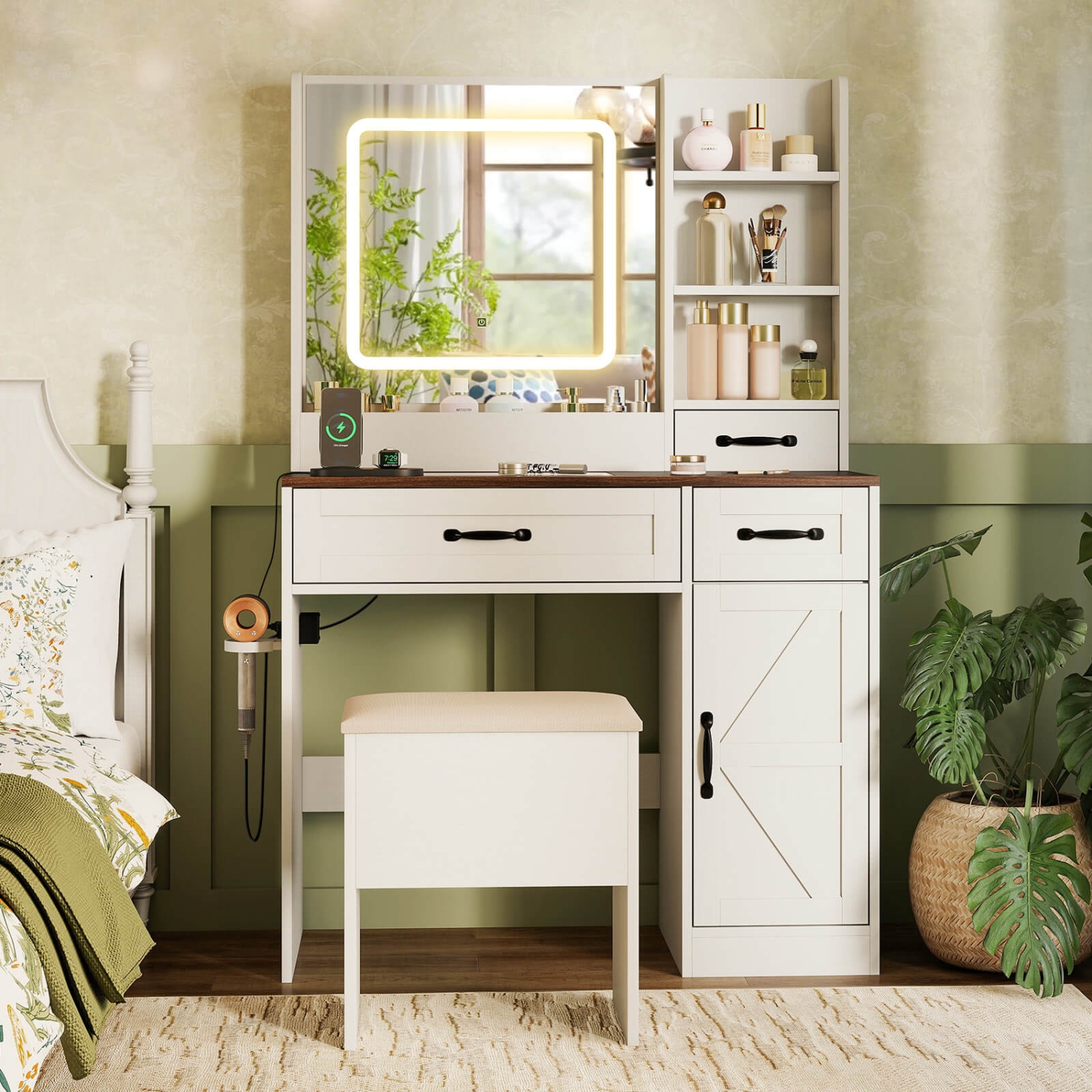 Costway Vanity Desk with Mirror & Power Outlets Dressing Table with 3 Color lighting