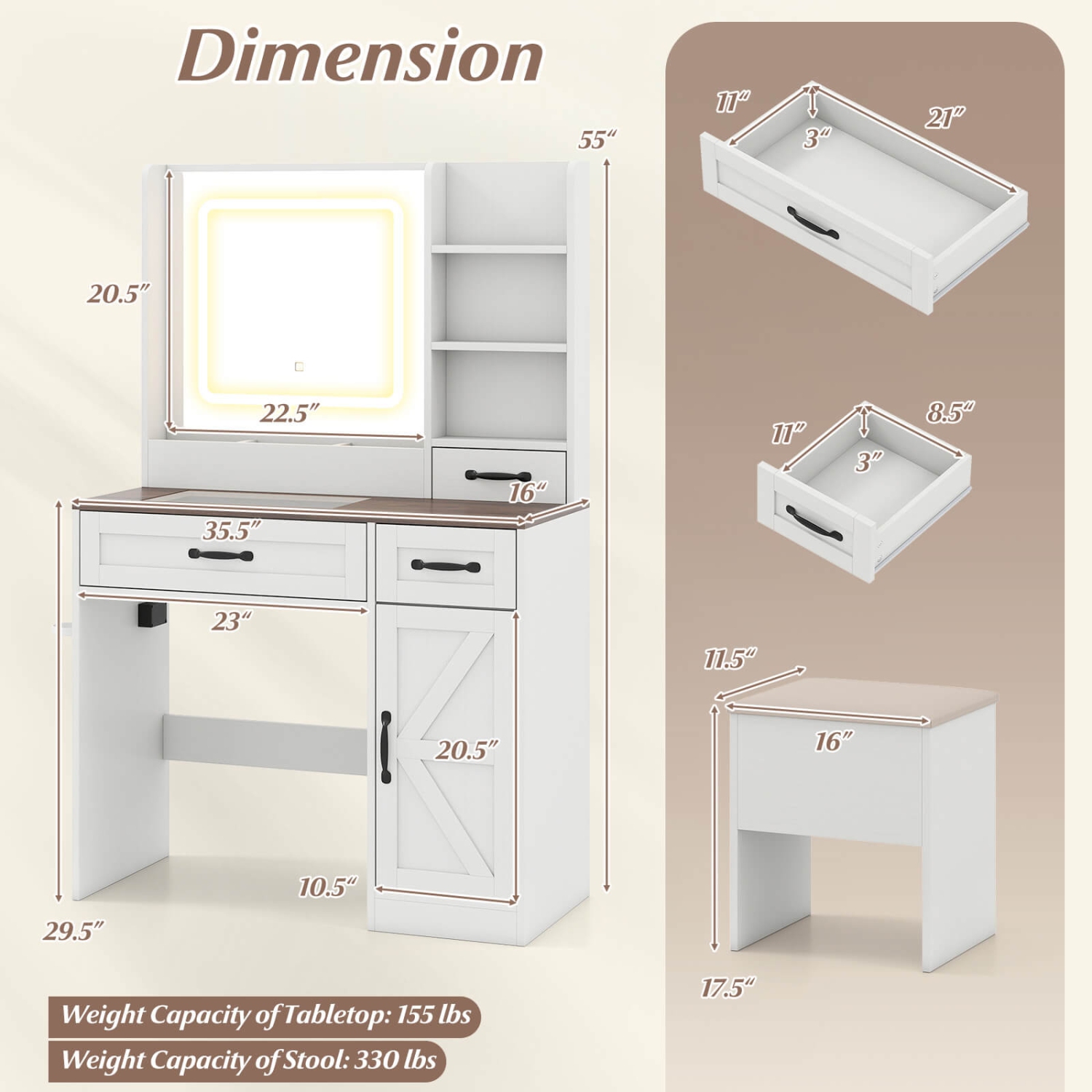 Costway Vanity Desk with Mirror & Power Outlets Dressing Table with 3 Color lighting