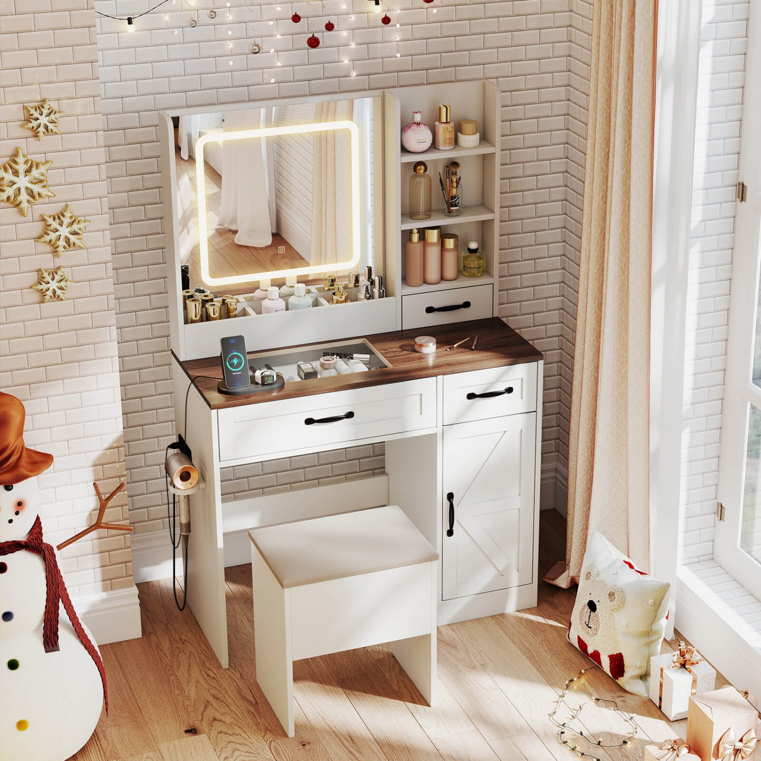 Costway Vanity Desk with Mirror & Power Outlets Dressing Table with 3 Color lighting