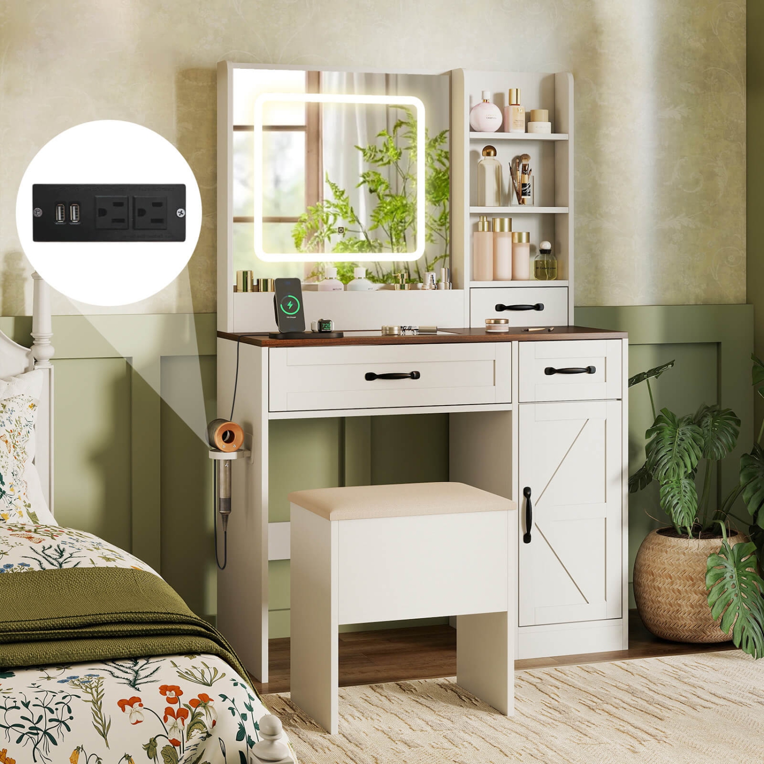 Costway Vanity Desk with Mirror & Power Outlets Dressing Table with 3 Color lighting