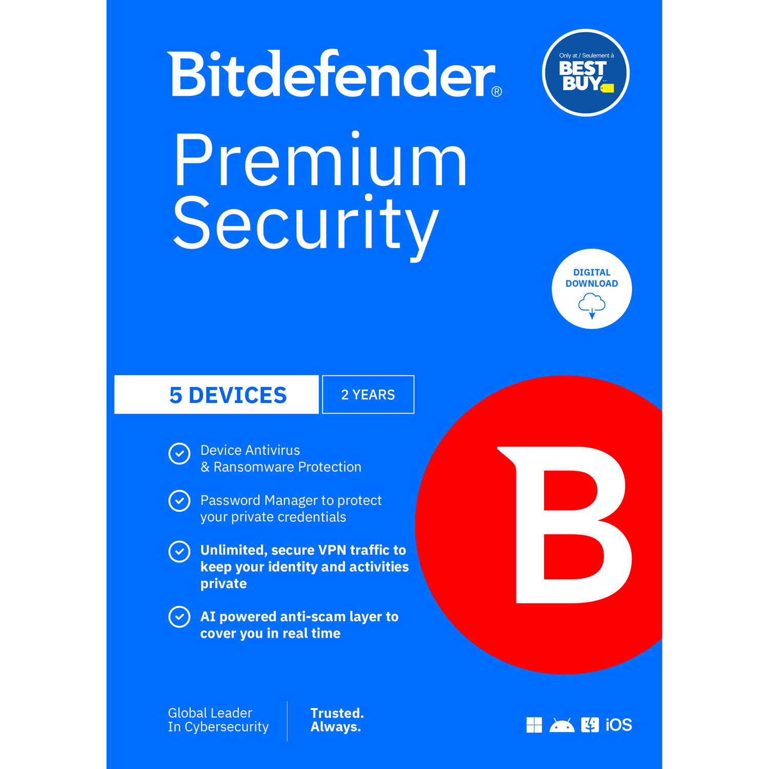 Bitdefender Premium Security Individual - 5 appareils - 1 utilisateur - 2 ans - Téléchargement numérique - Exclusivité Best Buy