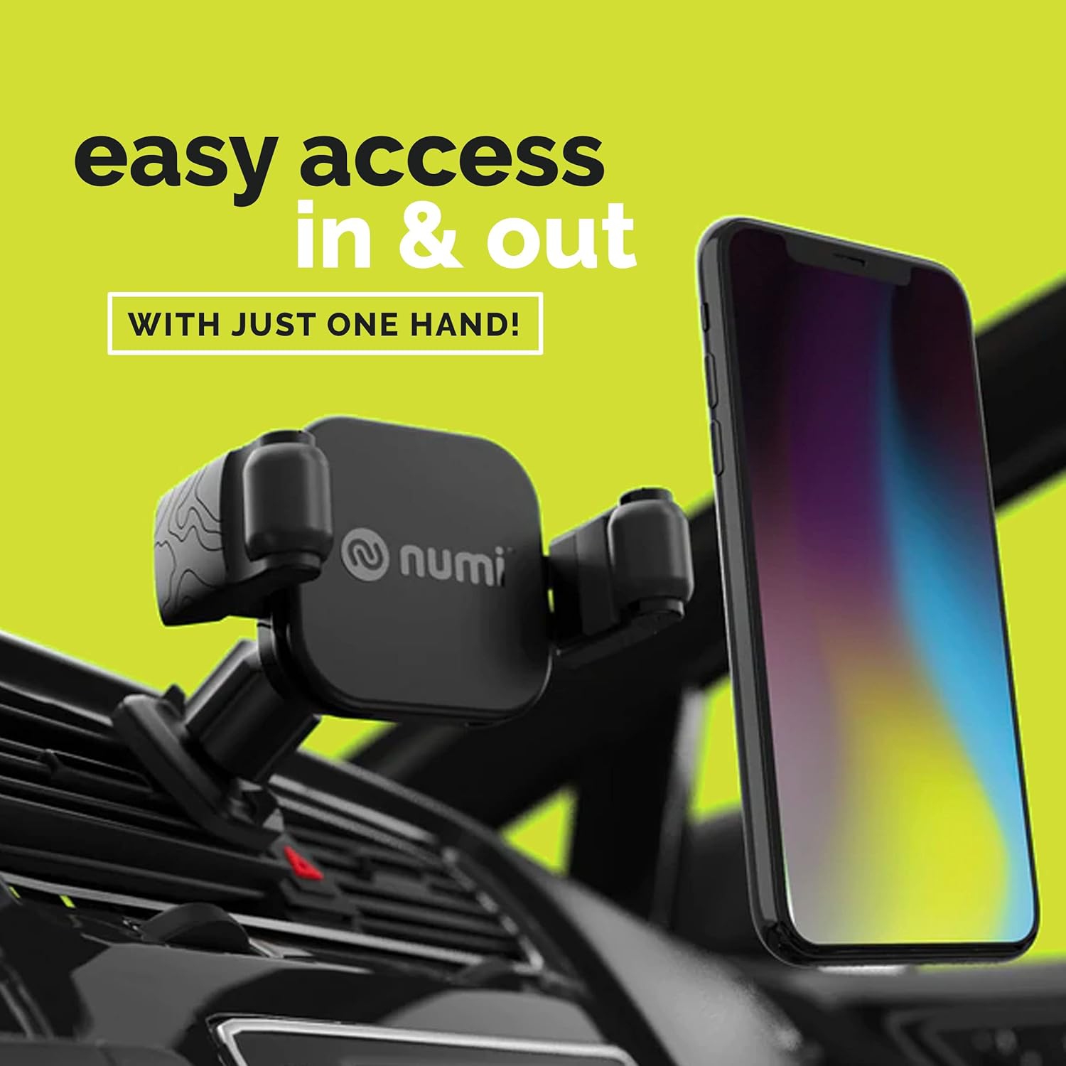 Numi Air Dock Vent - Car Vent Phone Mount with Cable Management and Sticky Pad - Easy Access Car Phone Holder - No Suction Cups or Adhesives