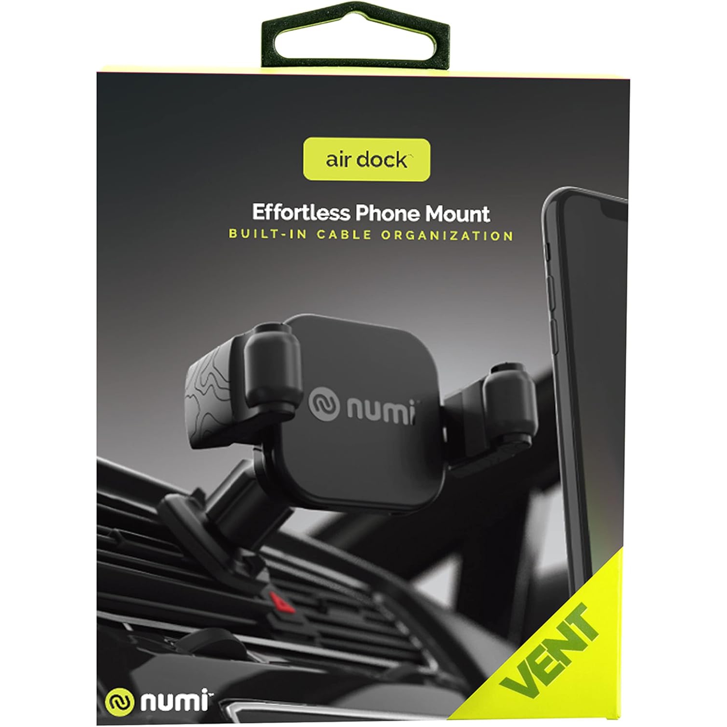 Numi Air Dock Vent - Car Vent Phone Mount with Cable Management and Sticky Pad - Easy Access Car Phone Holder - No Suction Cups or Adhesives